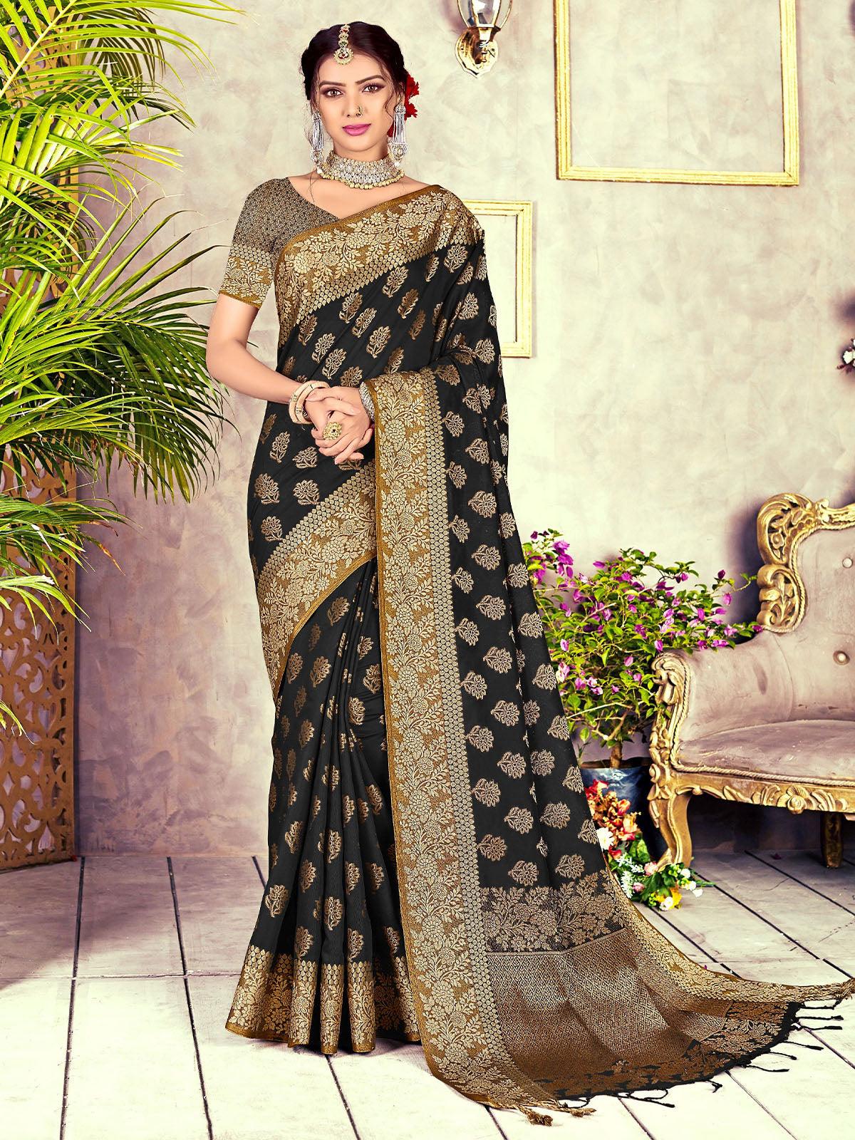 Women's Black Chanderi Cotton Heavily Woven Saree - Odette