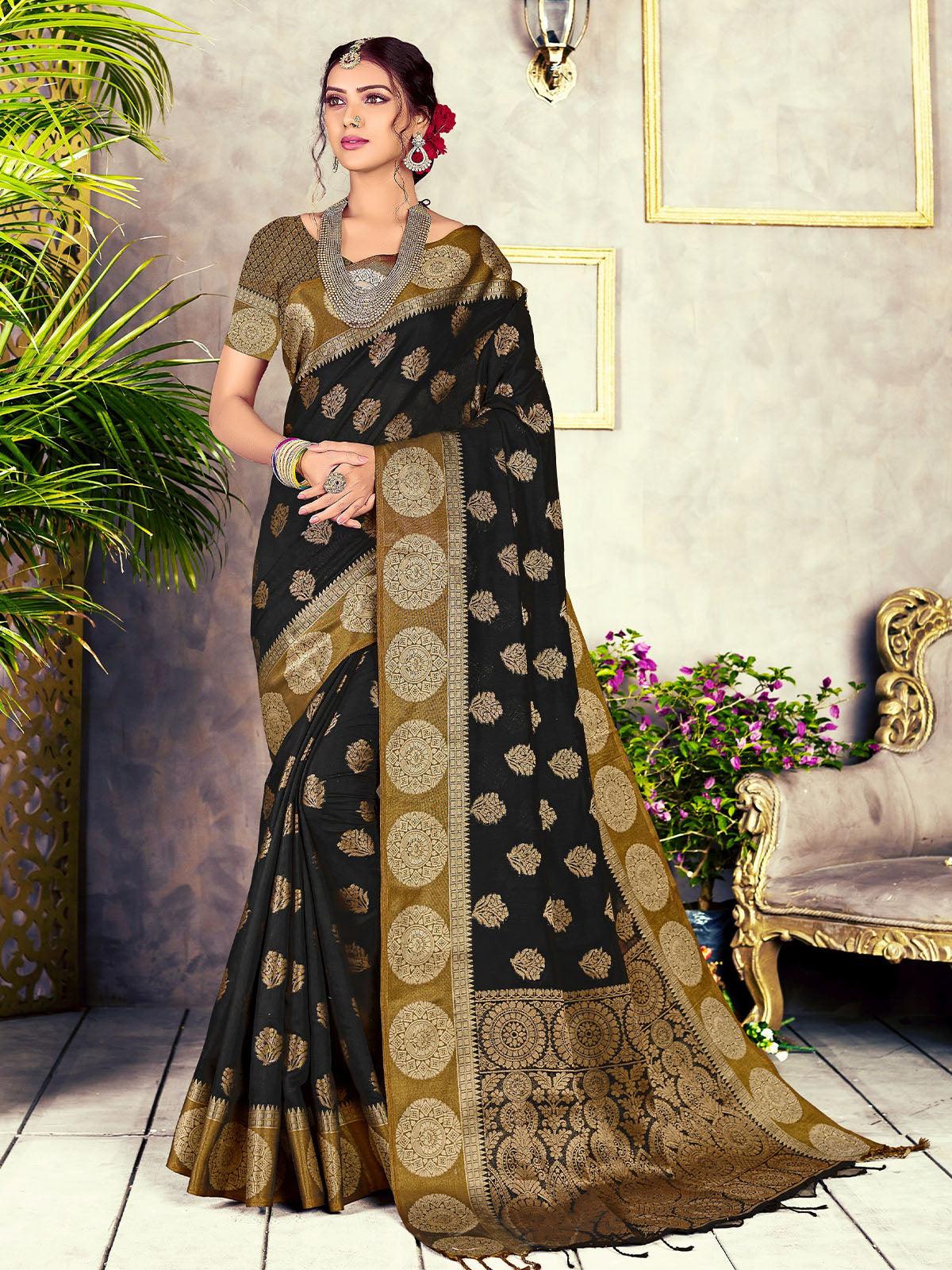 Women's Black Chanderi Cotton Heavily Woven Saree - Odette