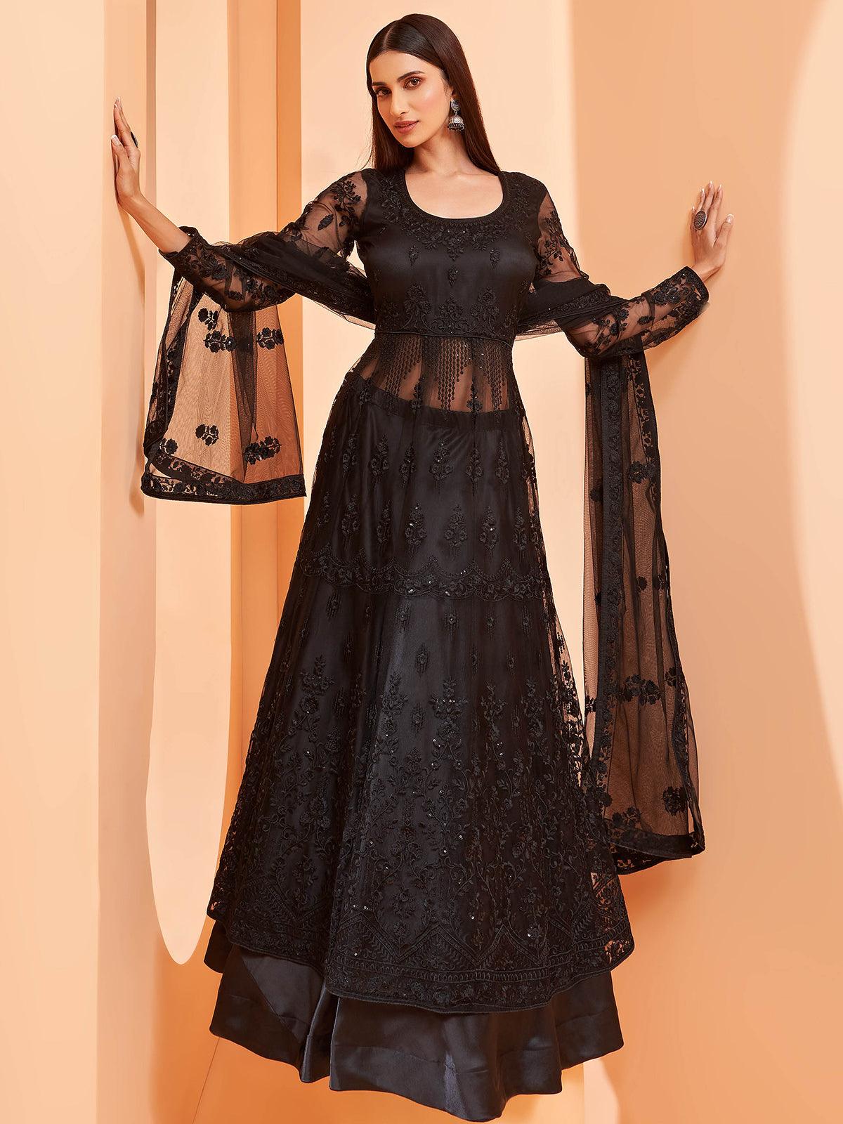 Women's Black Color Net Base Designer Anarkali Suit - Odette