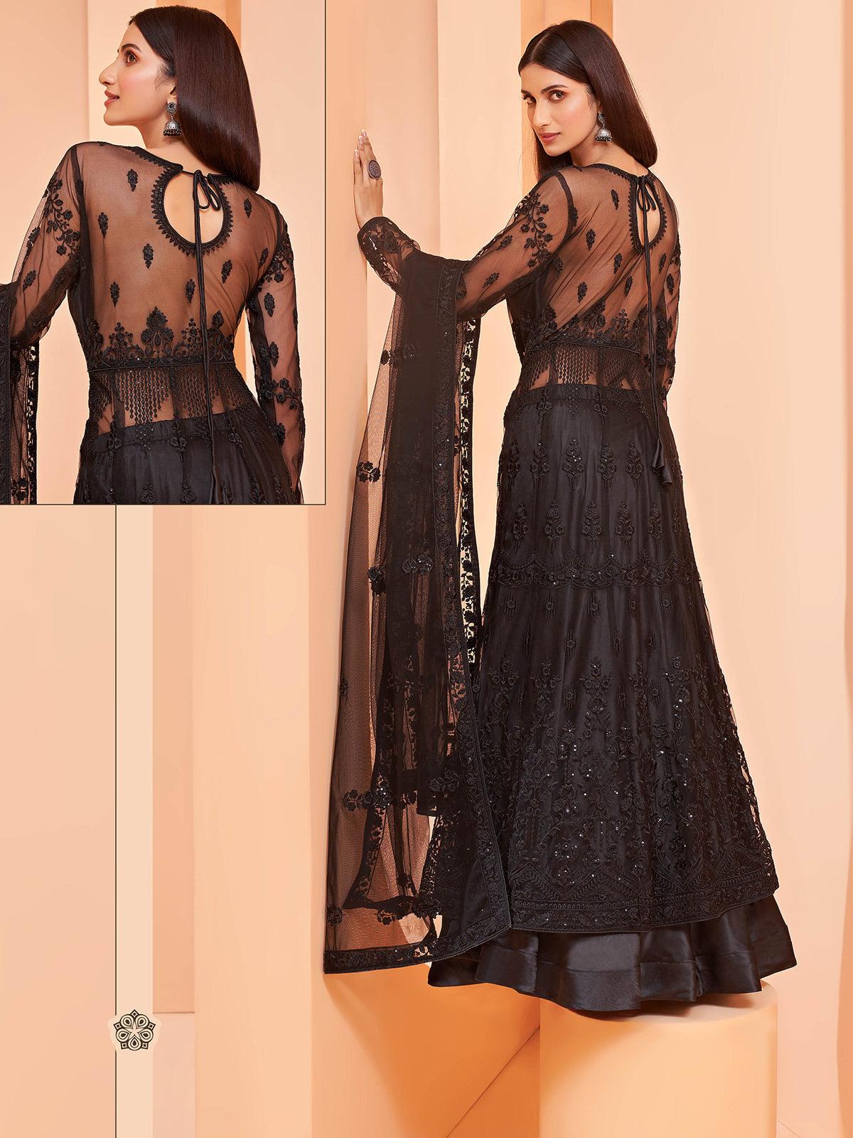 Women's Black Color Net Base Designer Anarkali Suit - Odette