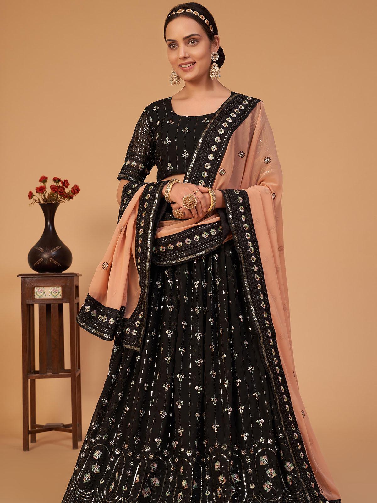 Women's Black Elegant Embroidered Lehenga Choli Sets - Odette