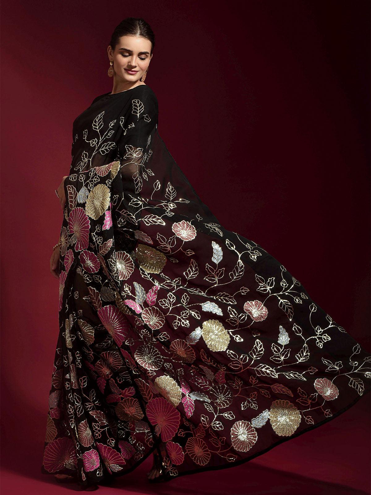 Women's Black Embroidered Georgette Saree - Odette