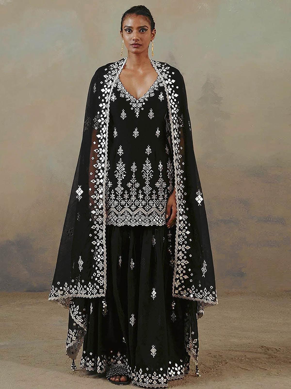 Women's Black Embroidered Kurta- Sharara Set  - Odette