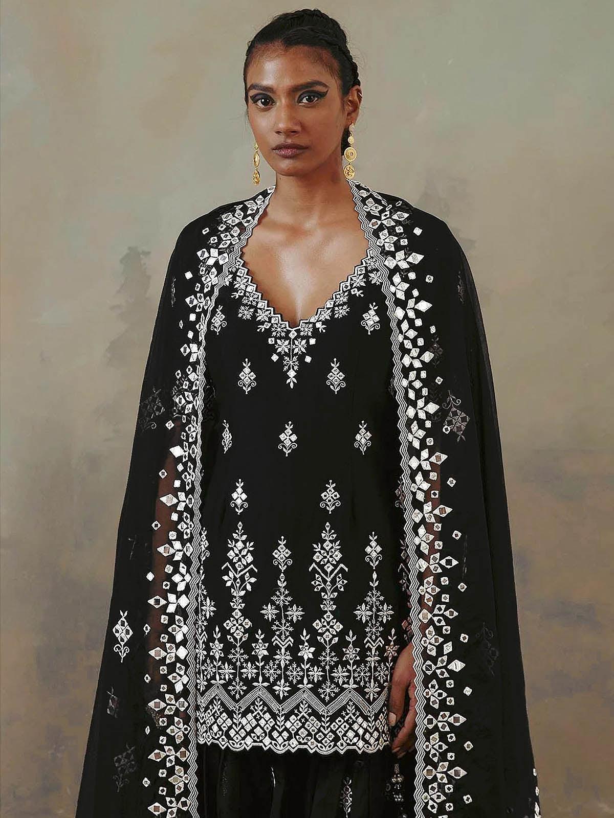 Women's Black Embroidered Kurta- Sharara Set  - Odette