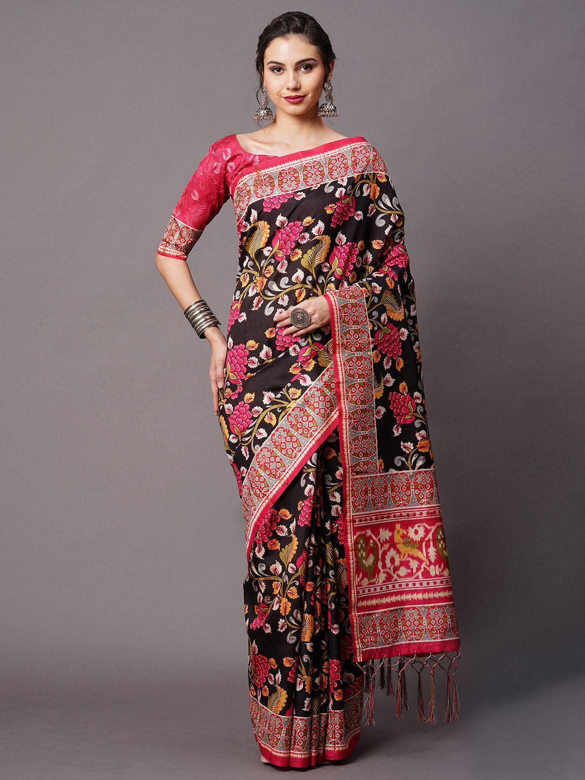 Women's Black Festive Bhagalpuri Silk Printed Saree With Unstitched Blouse - Odette