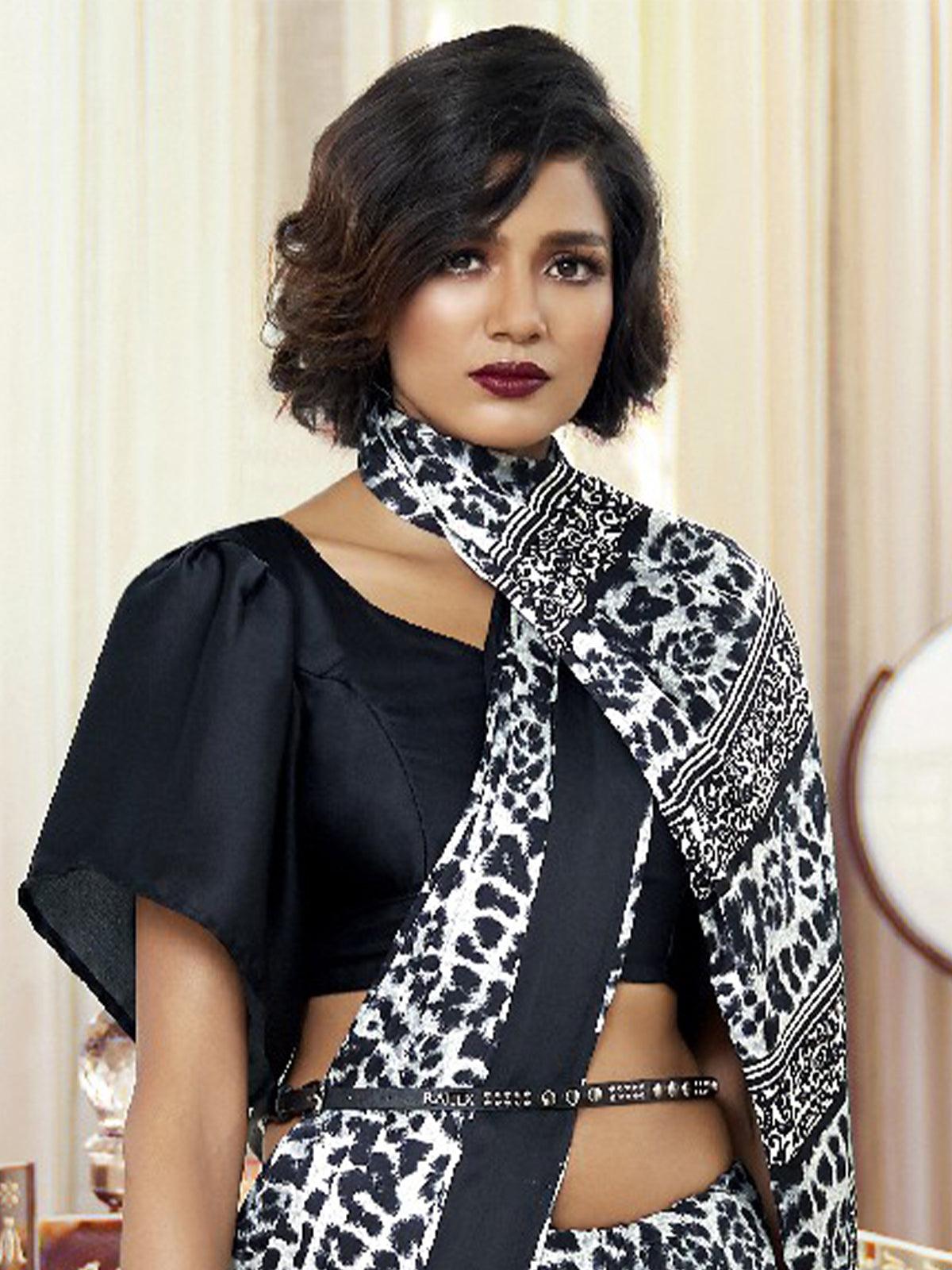 Women's Black Festive Crepe Printed Saree With Unstitched Blouse - Odette
