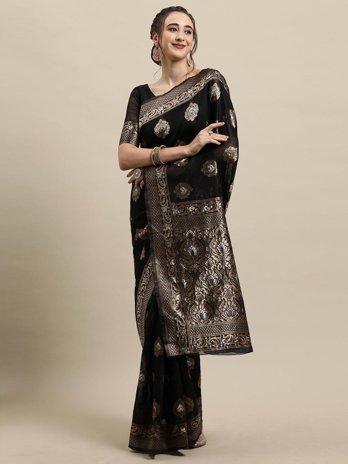 Women's Black Festive Linen Woven Design Saree With Unstitched Blouse - Odette