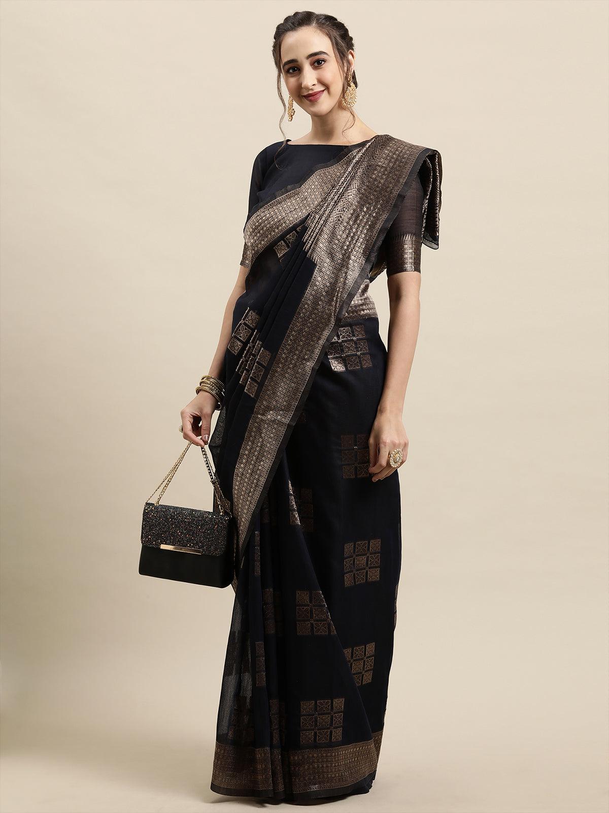 Women's Black Festive Linen Woven Design Saree With Unstitched Blouse - Odette