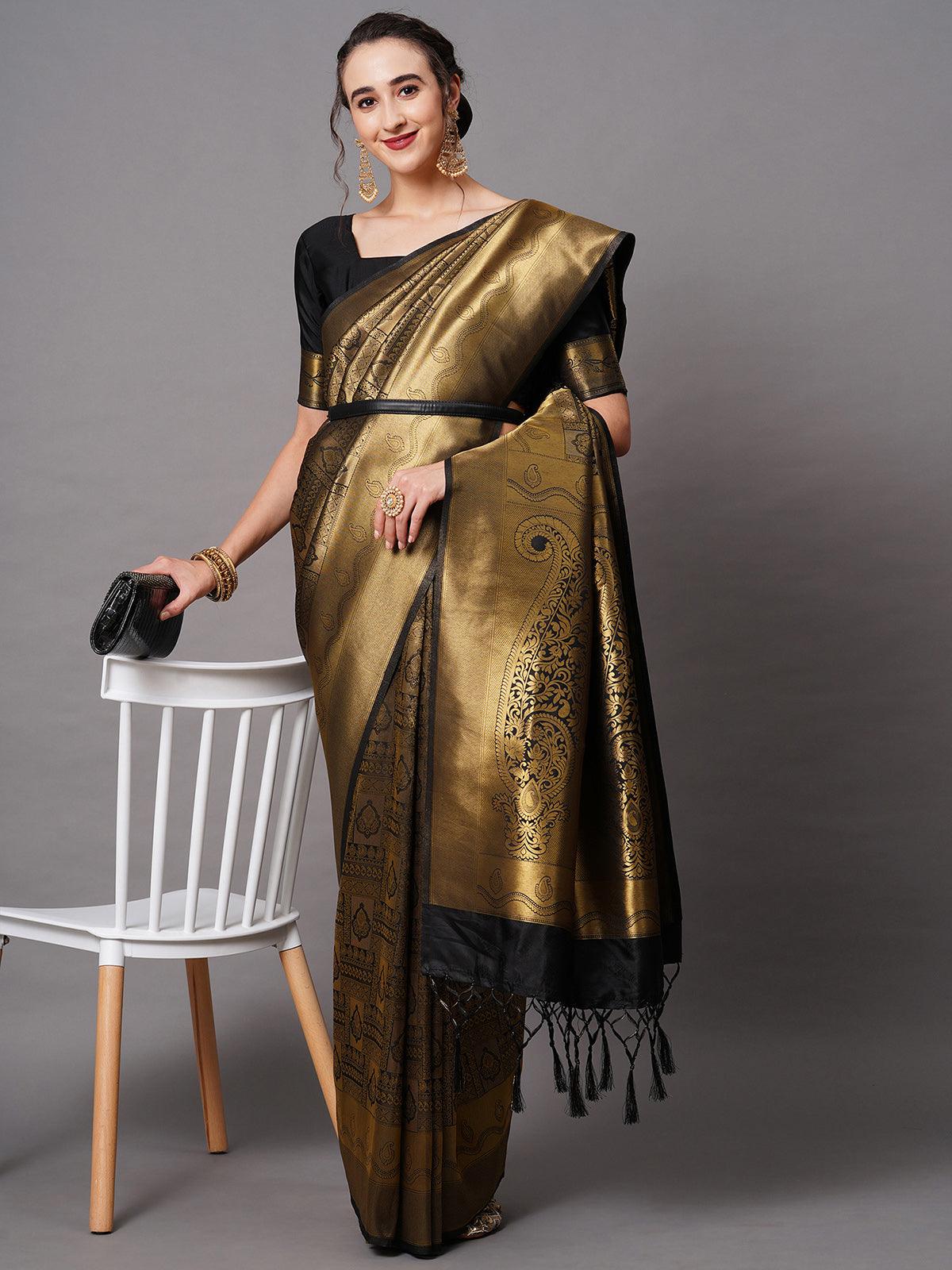 Women's Black Festive Silk Blend Woven Design Saree With Unstitched Blouse - Odette