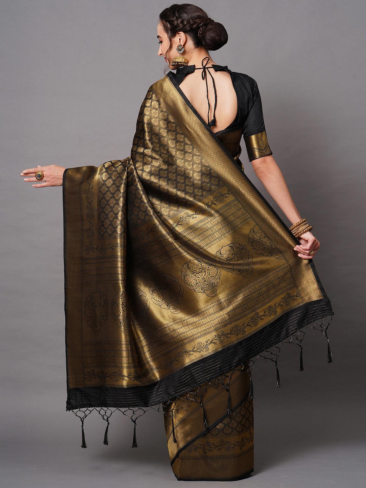 Women's Black Festive Silk Blend Woven Design Saree With Unstitched Blouse - Odette
