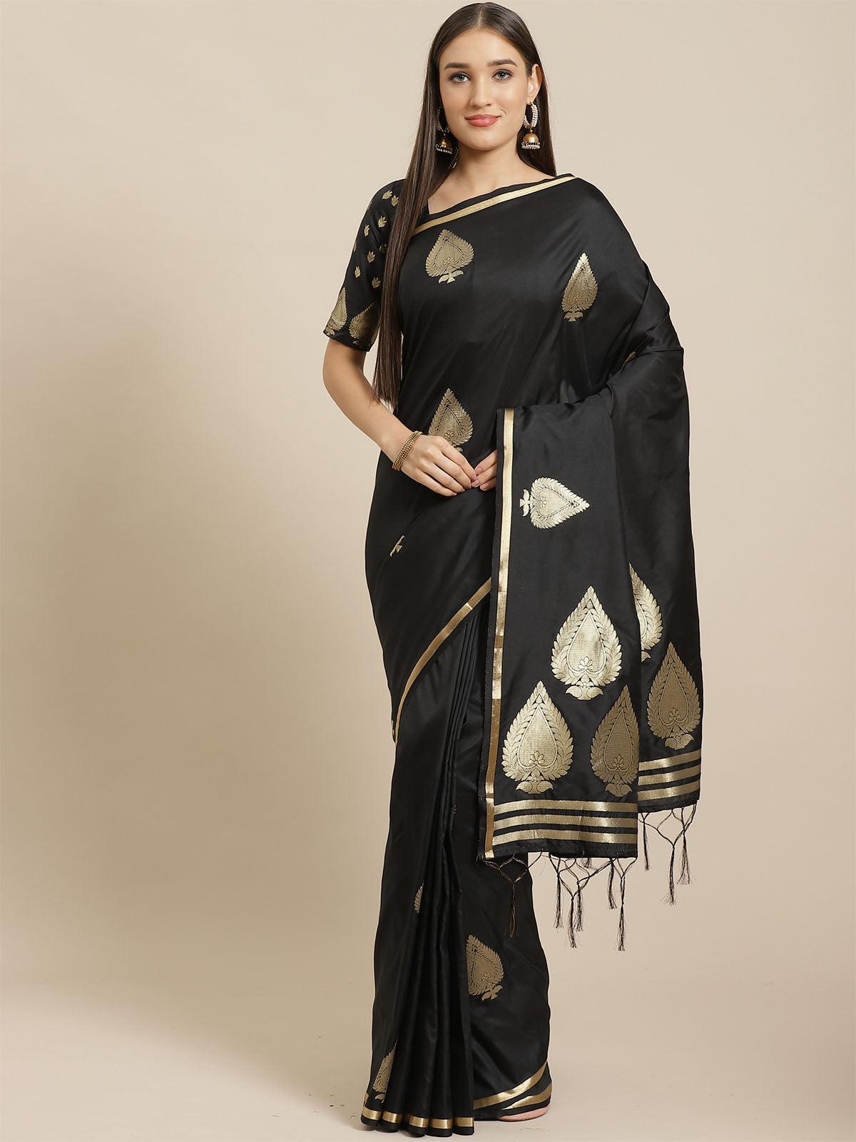 Women's Black Festive Silk Blend Woven Saree With Unstitched Blouse - Odette