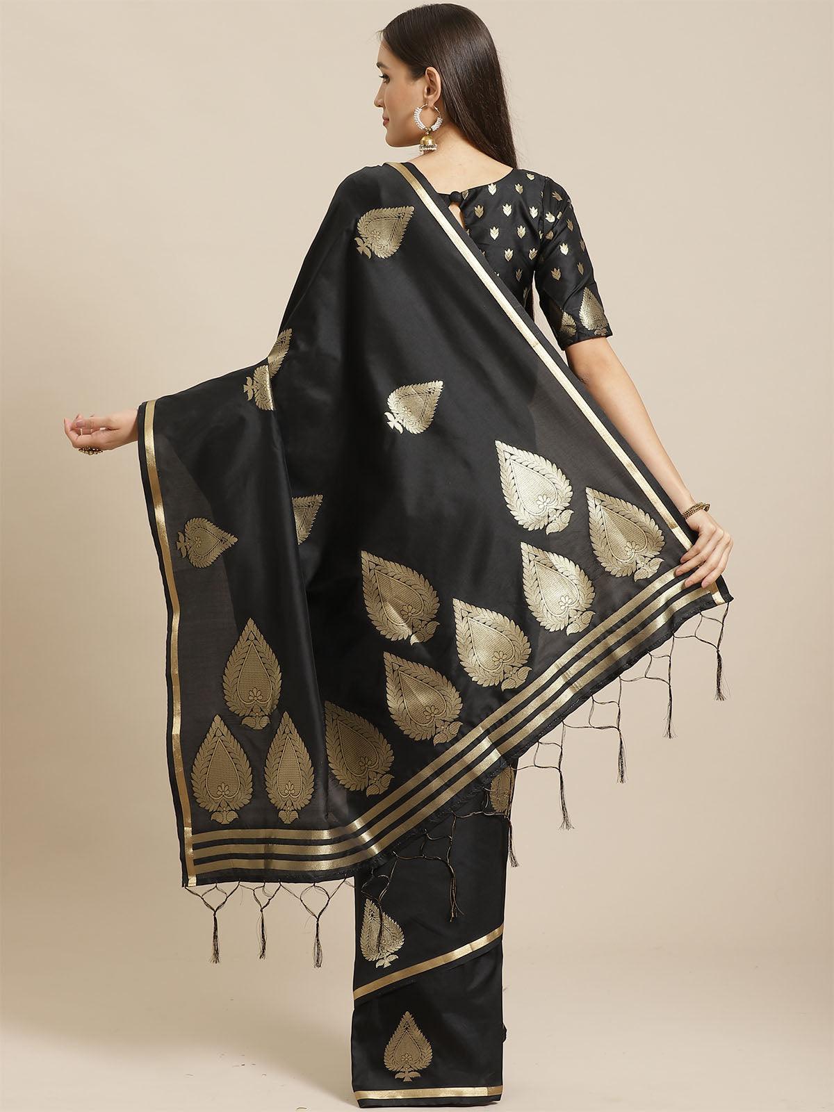 Women's Black Festive Silk Blend Woven Saree With Unstitched Blouse - Odette