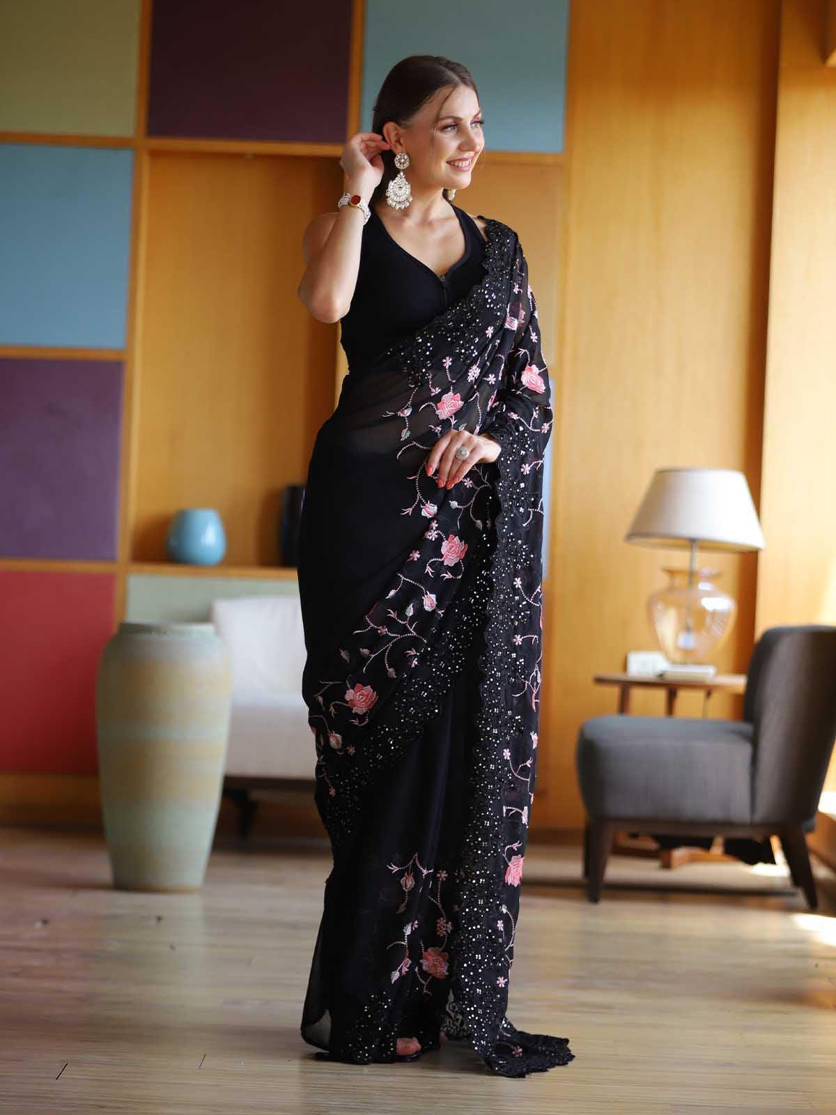 Women's Black Georgette Embroidery Saree With Blouse - Odette