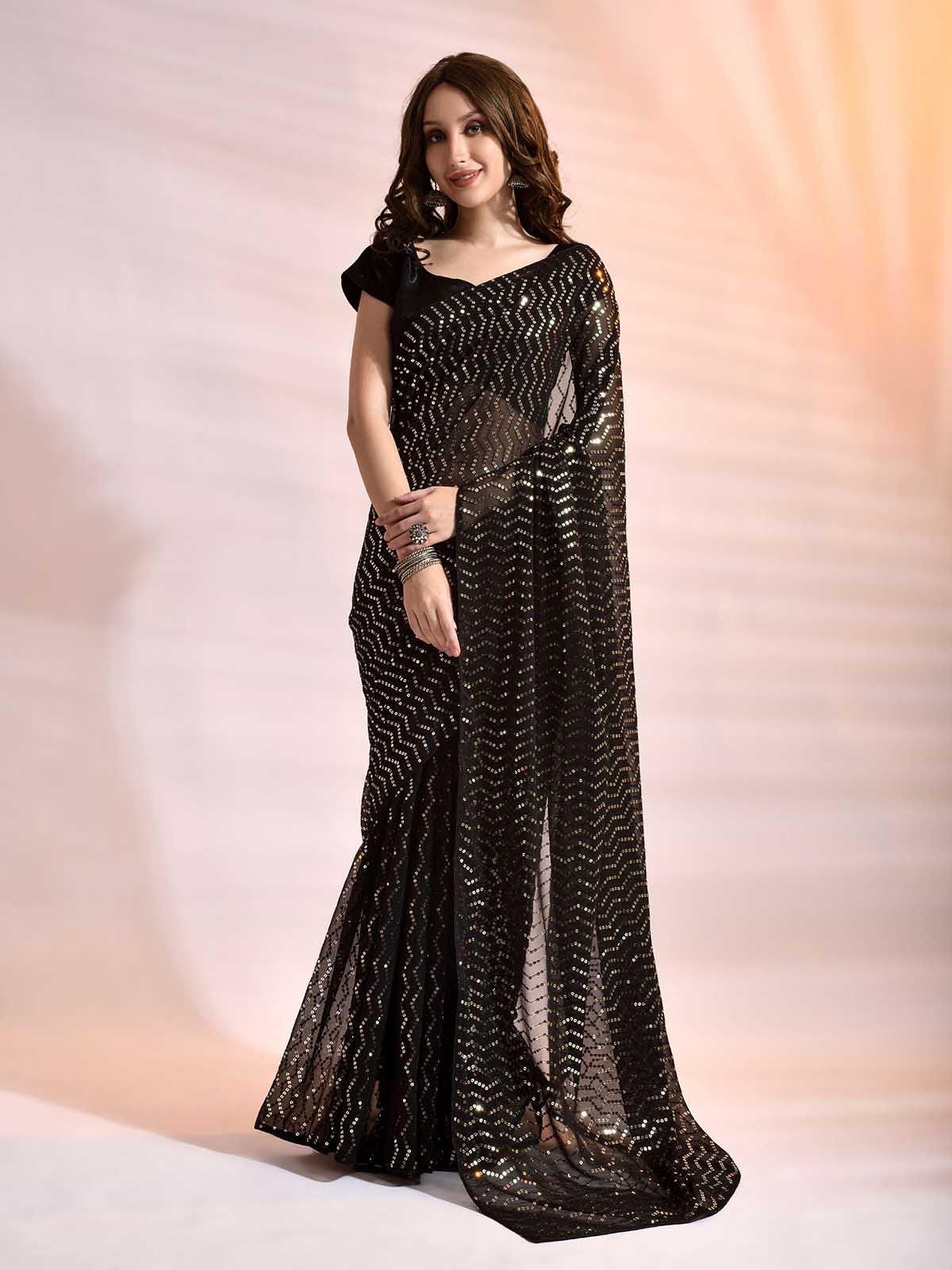 Women's Black Georgette Sequence Saree With Blouse - Odette