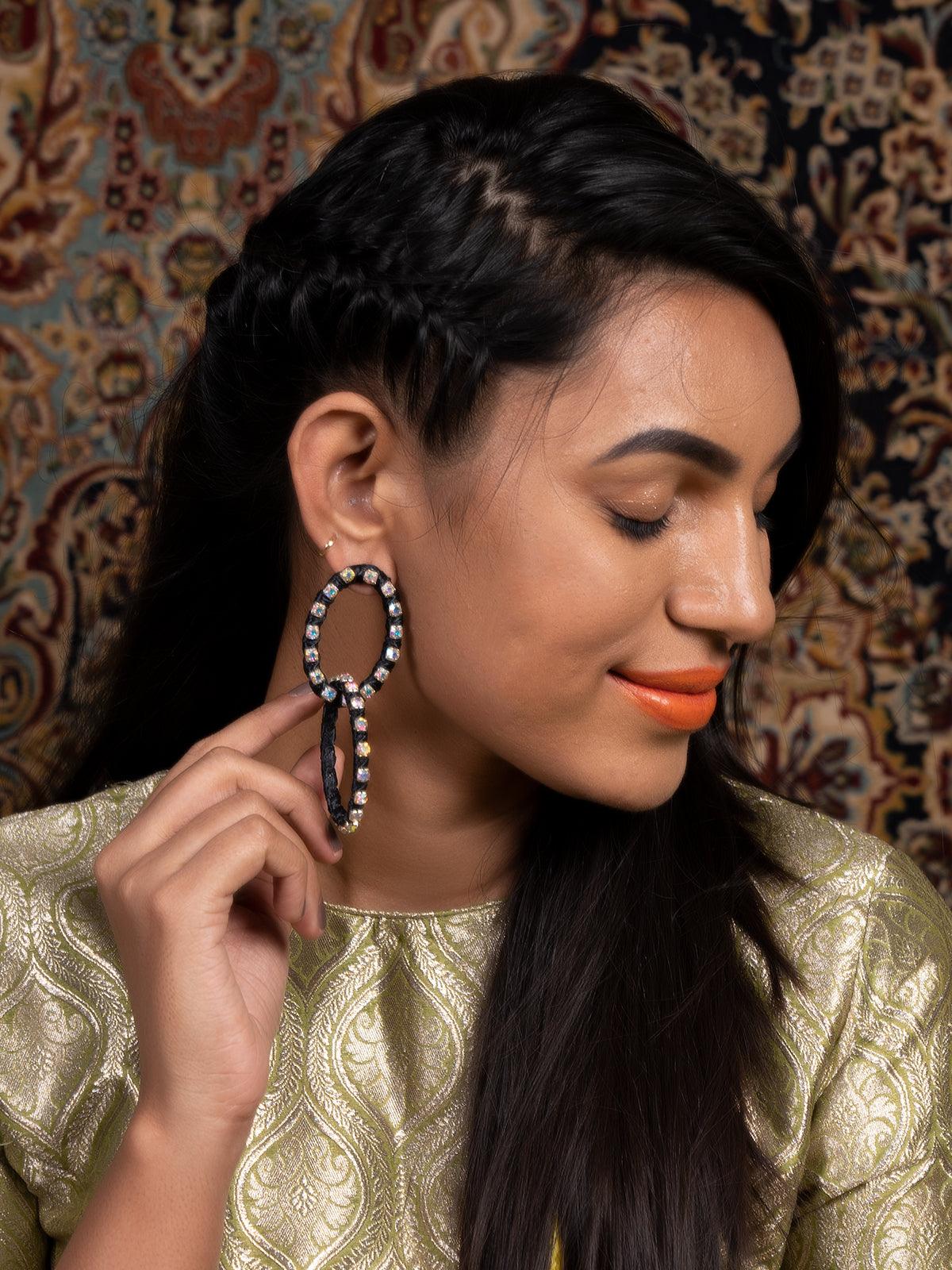 Women's Black Glittery Dangle Earrings - Odette