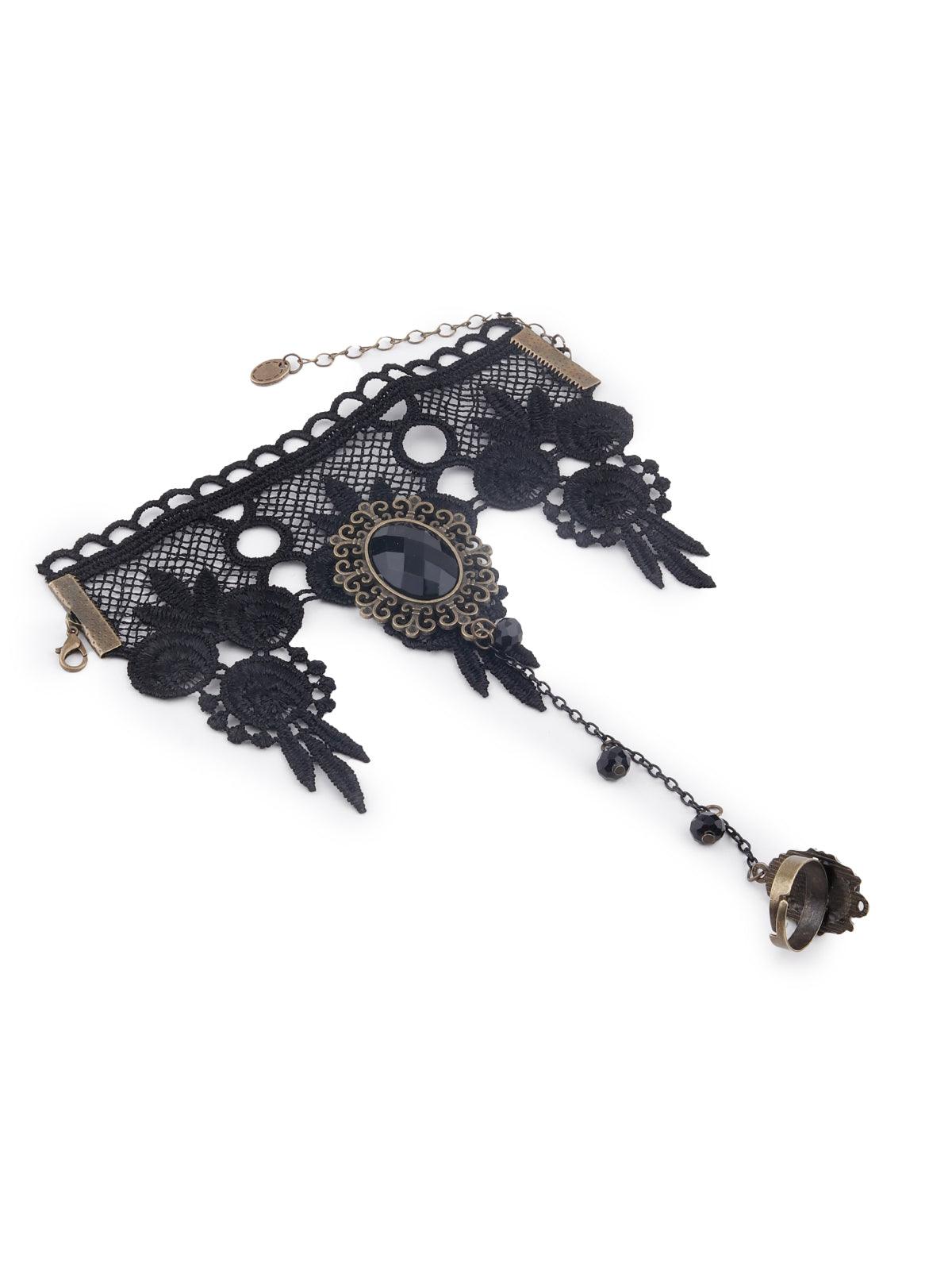 Women's Black Lace Bracelet Secured With A Ring Chain - Odette