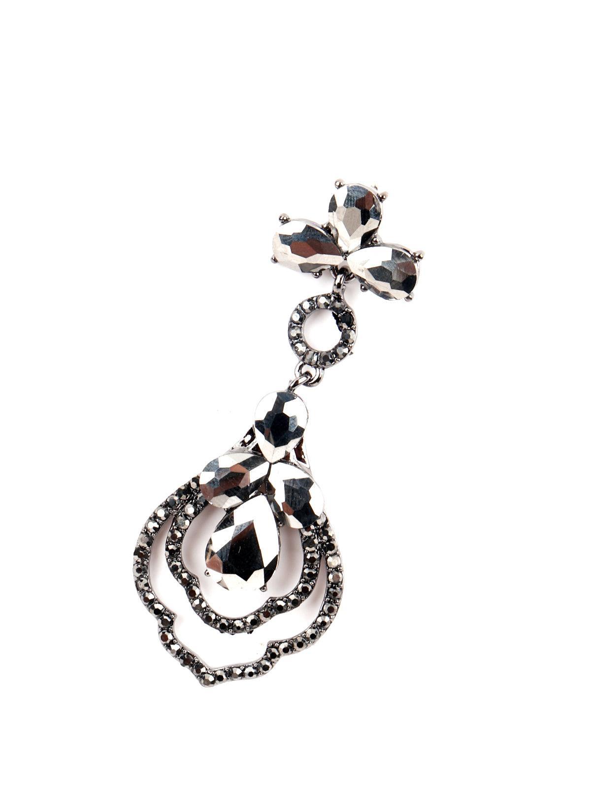 Women's Black Metal Shiny Black Diamante Rhine Stone Dangle Earrings - Odette