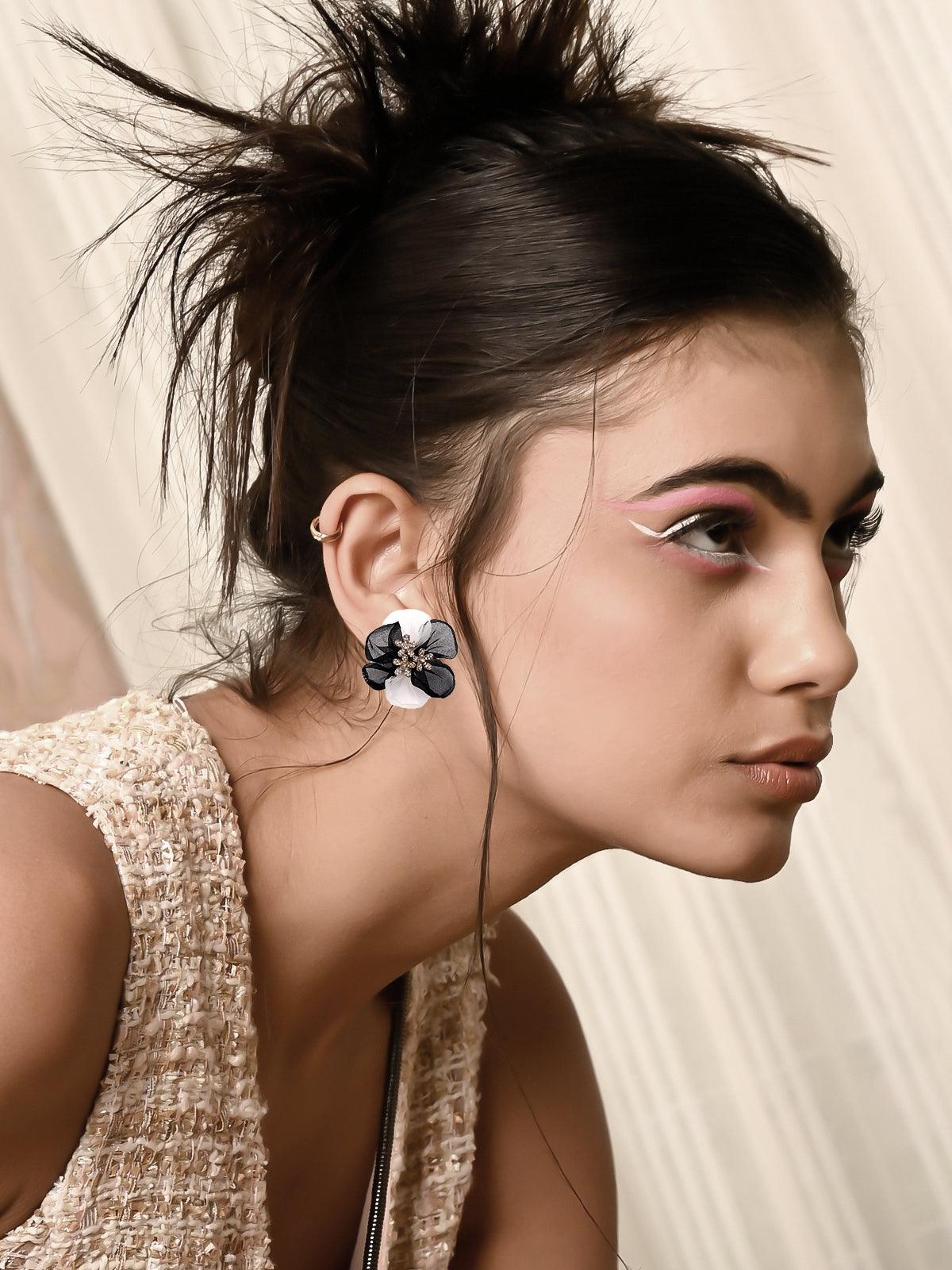 Women's Black Net Floral Statement Earrings - Odette
