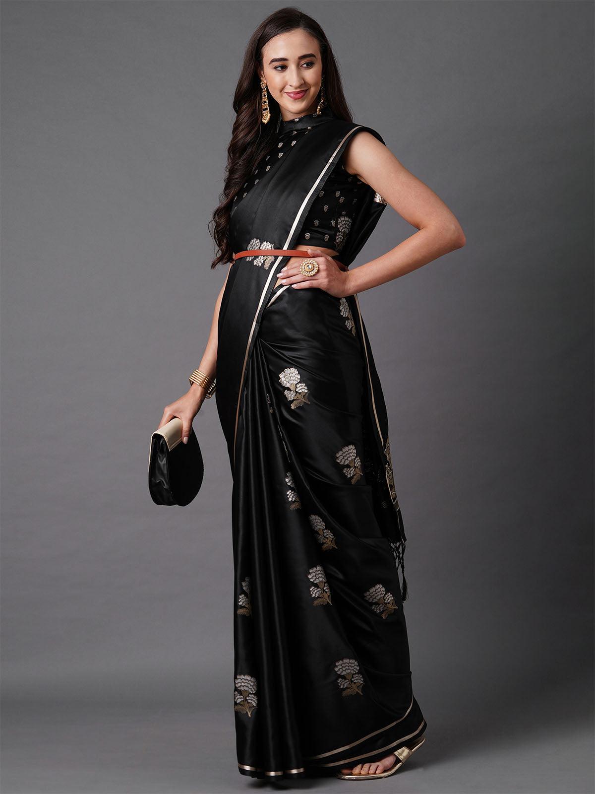 Women's Black Party Wear Silk Blend Woven Design Saree With Unstitched Blouse - Odette