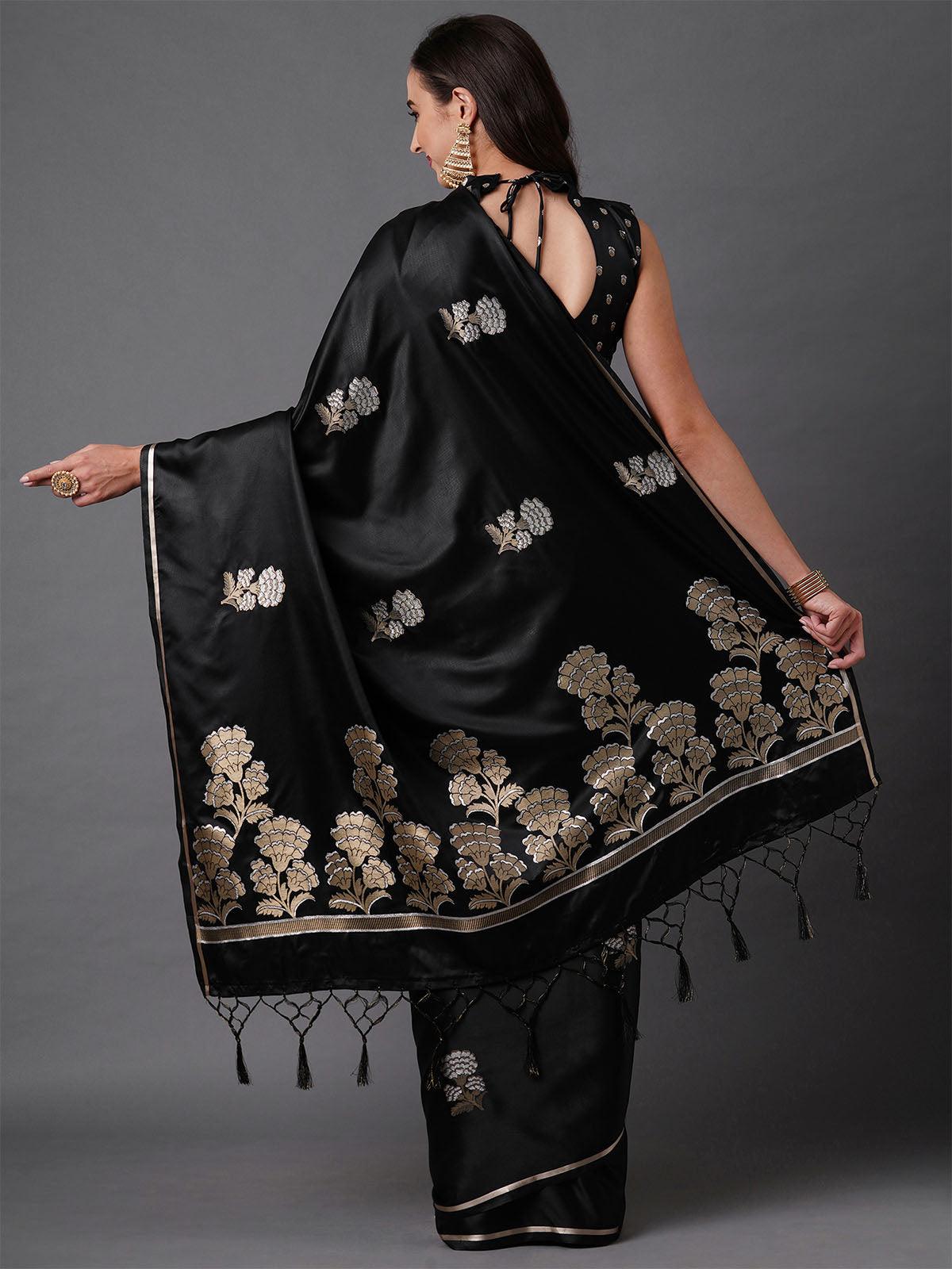 Women's Black Party Wear Silk Blend Woven Design Saree With Unstitched Blouse - Odette