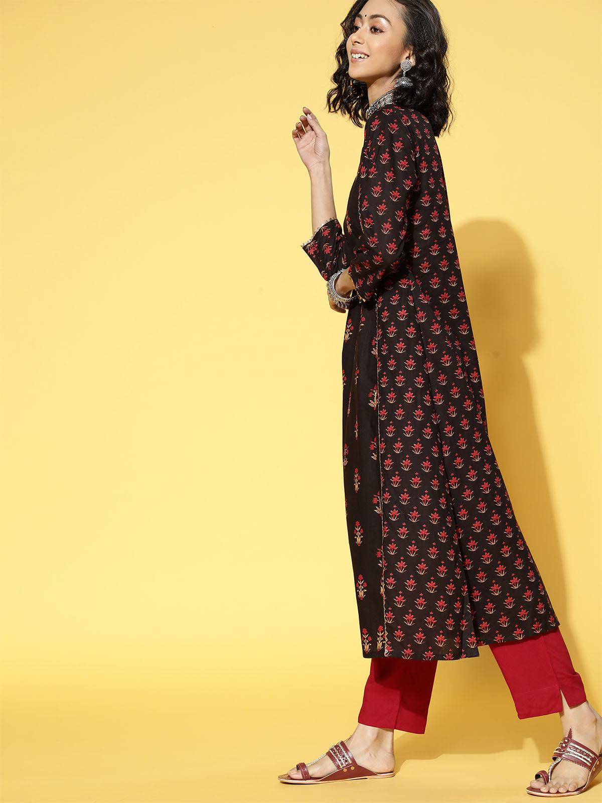 Women's Black Printed A-Line Kurta Trouser With Dupatta Set - Odette