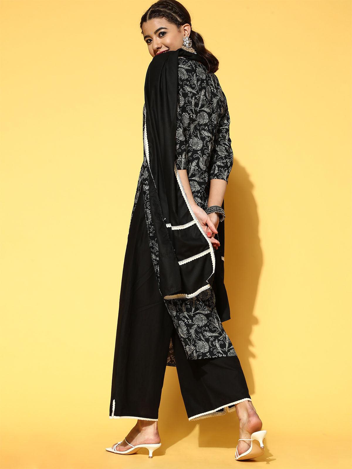 Women's Black Printed Straight Kurta Trouser With Dupatta Set - Odette