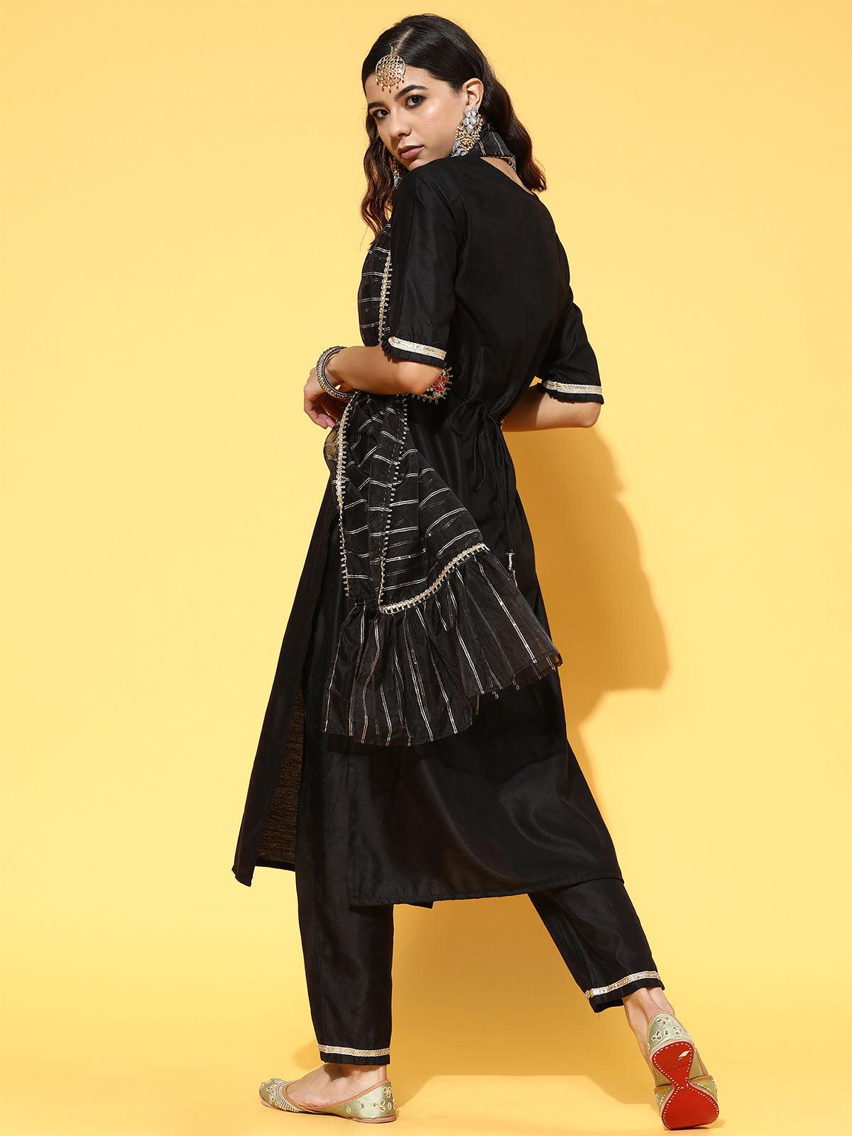 Women's Black Solid Straight Kurta Trouser With Dupatta And Belt Set - Odette