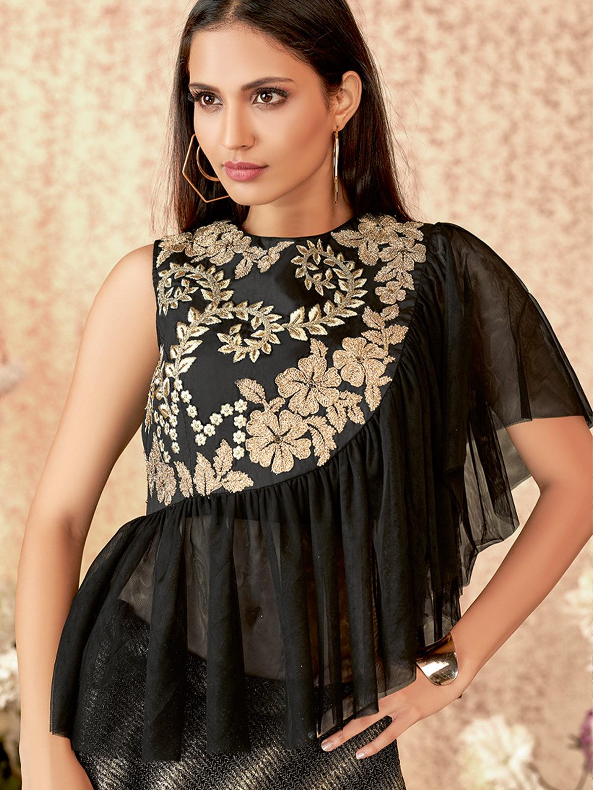 Women's Black Taffeta Silk Fancy Lycra Designer Lehenga Choli - Odette