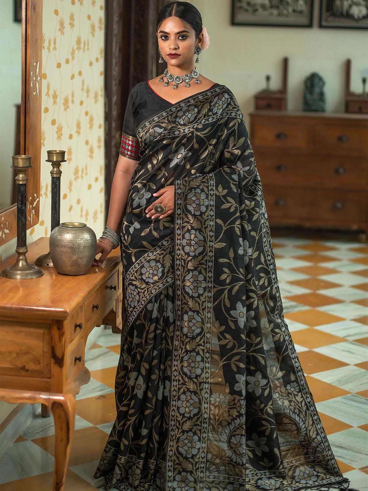 Women's Black Tussar Silk Heavy Jamdani Saree - Odette