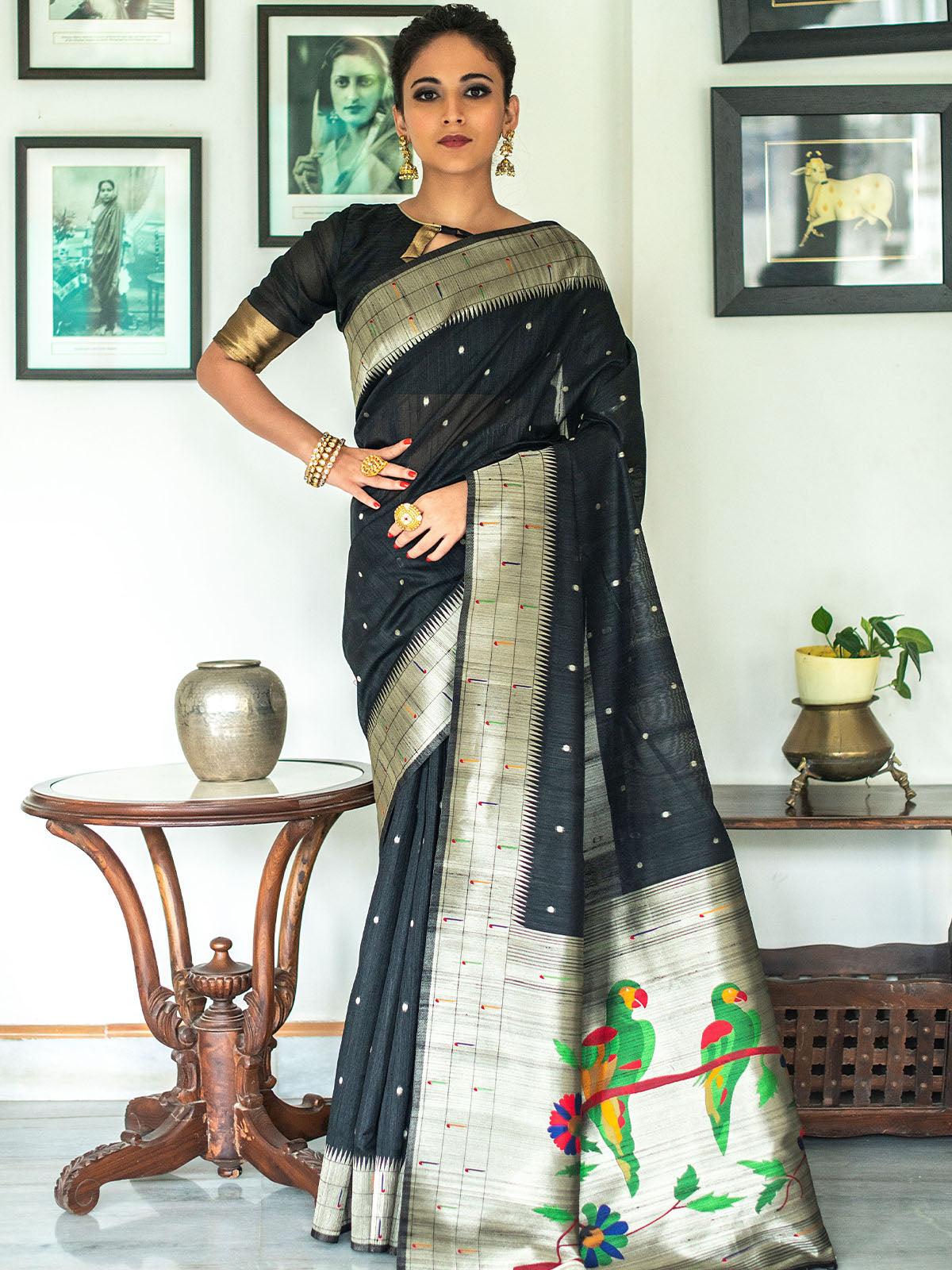 Women's Black Tussar Silk Paithani Saree - Odette