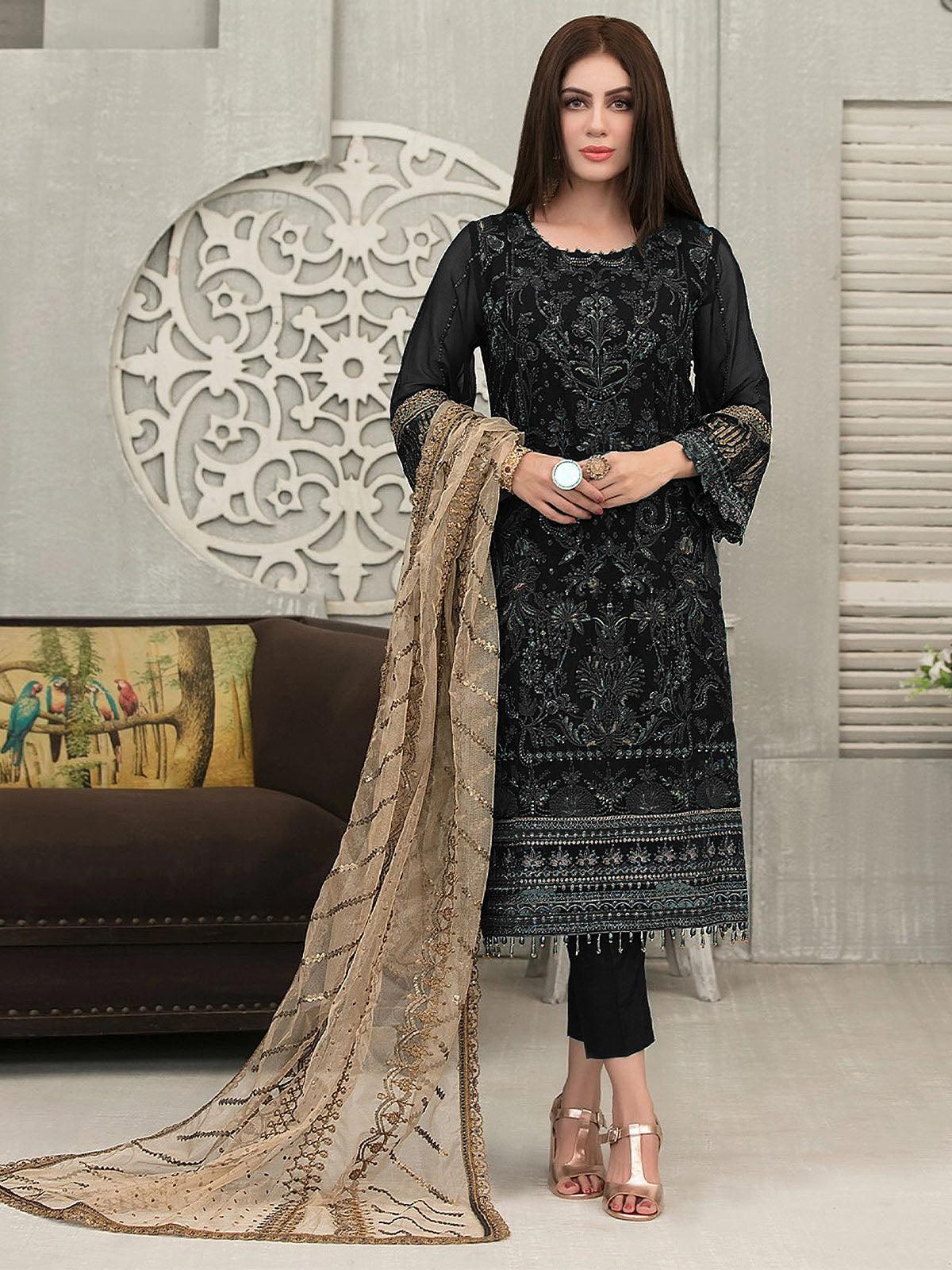 Women's Black Embroidered Salwar Suit Set - Odette