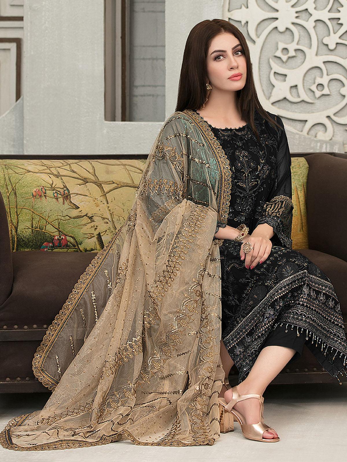 Women's Black Embroidered Salwar Suit Set - Odette