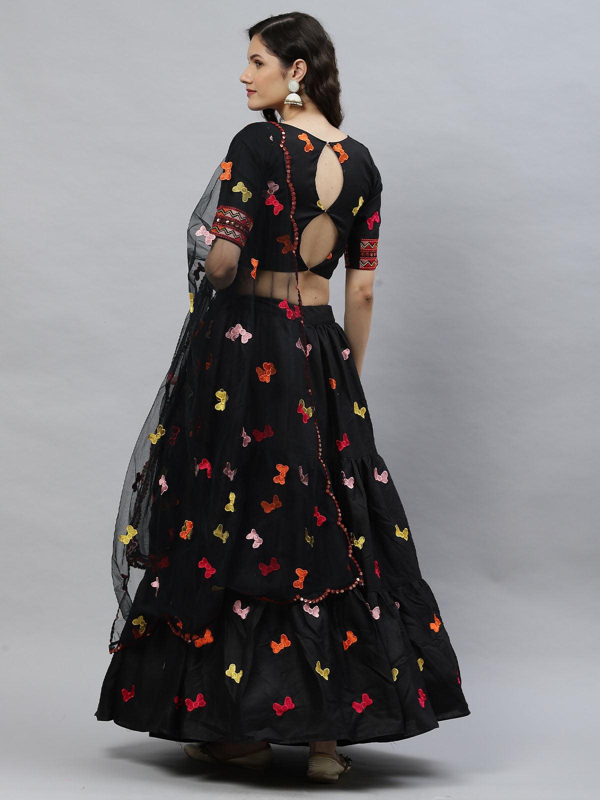 Women's Black Embroidered Cotton Lehenga Set - Odette