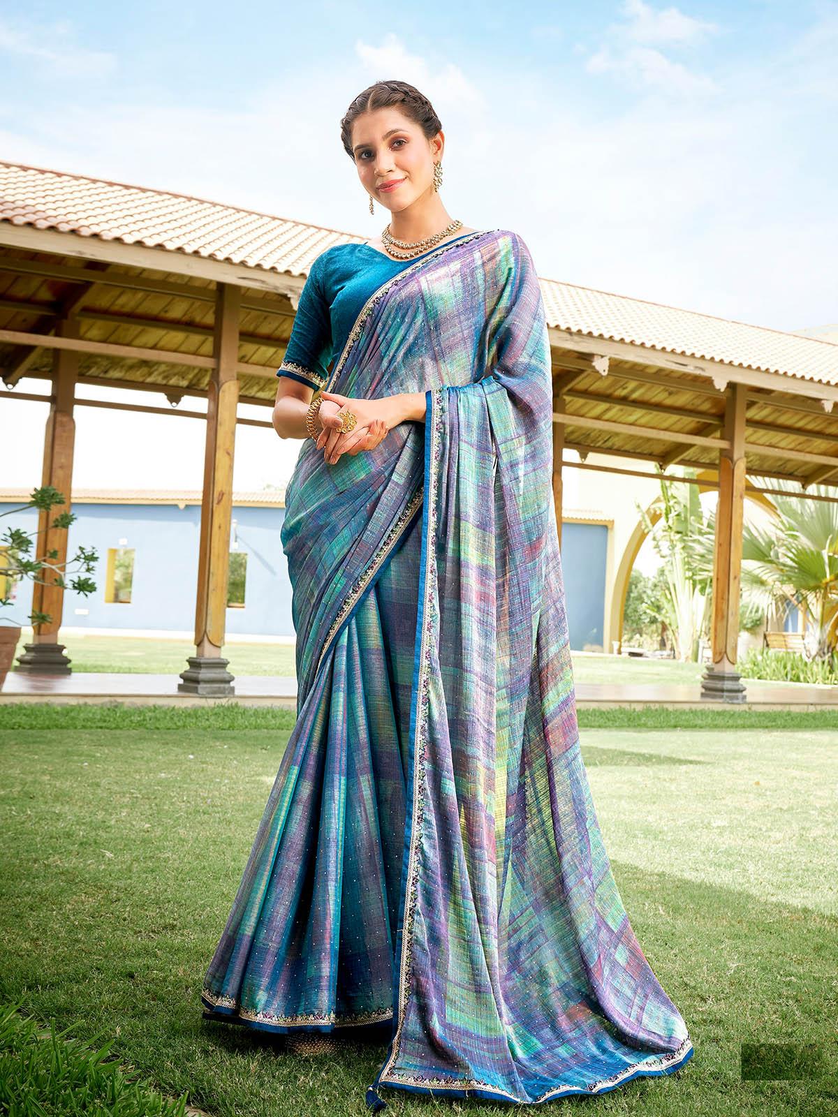 Women's Blue Abstract Printed Chiffon Saree - Odette