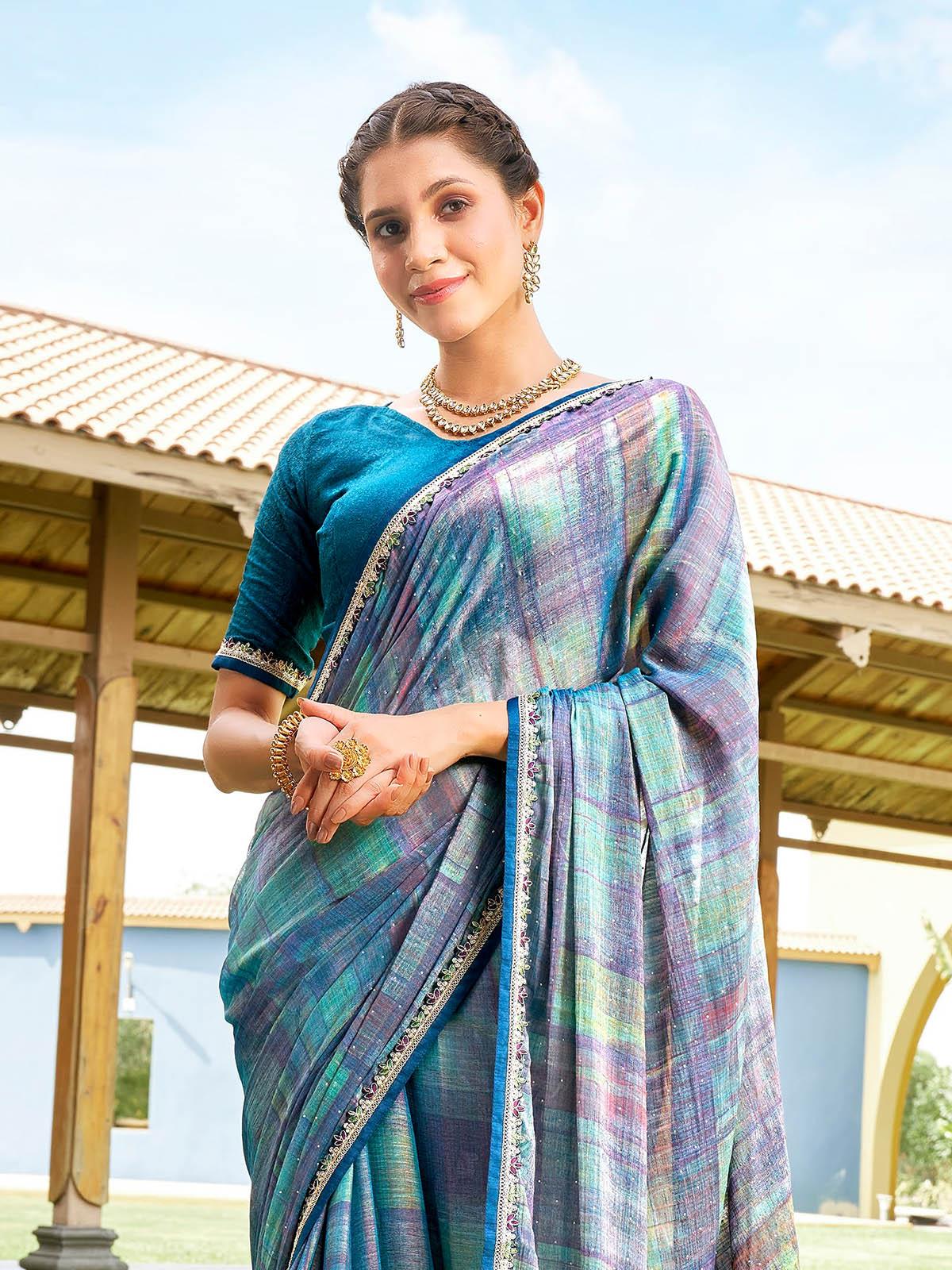 Women's Blue Abstract Printed Chiffon Saree - Odette