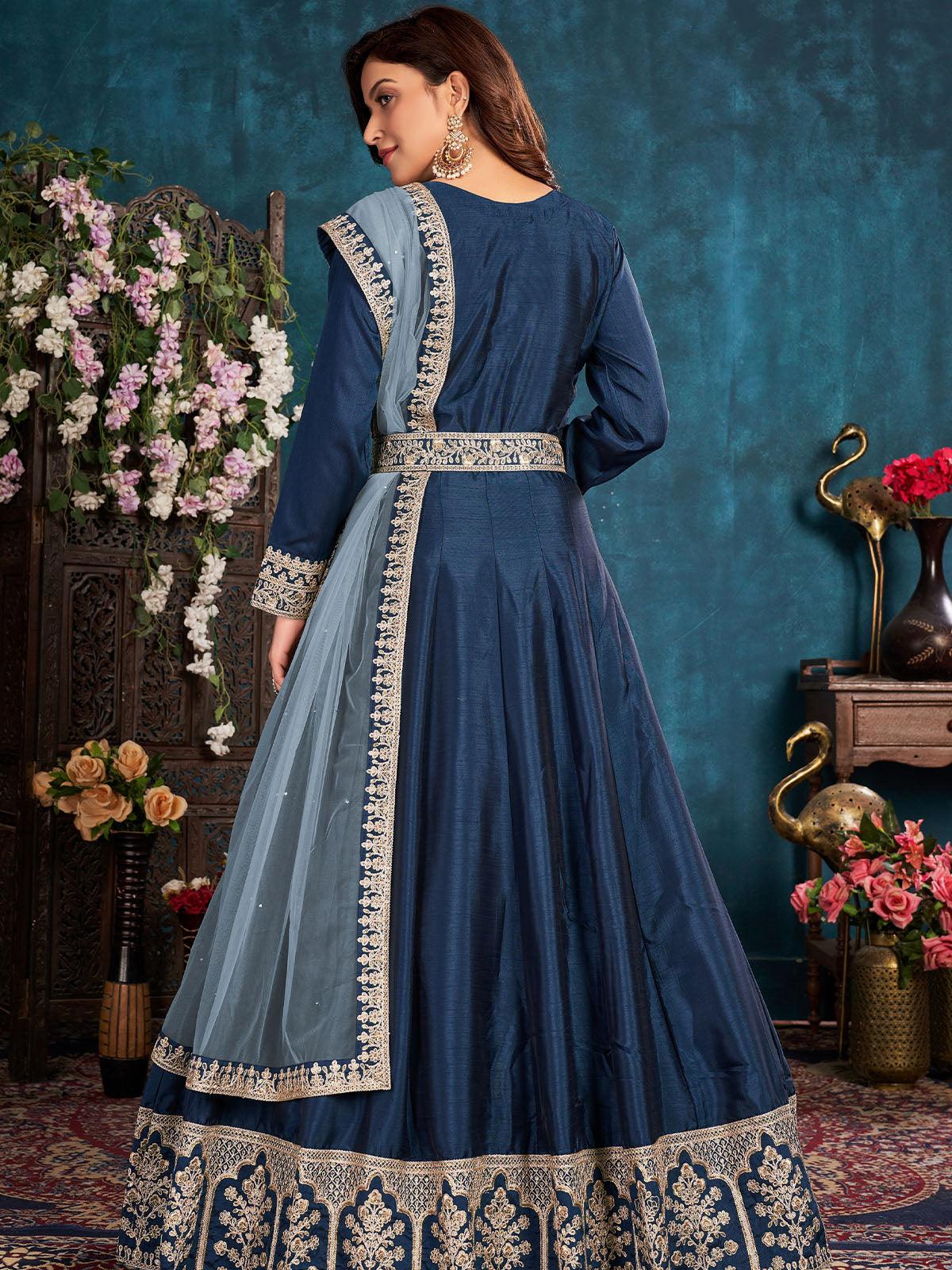 Women's Blue Art Silk Designer Heavy Embroidery Anarkali Dress - Odette