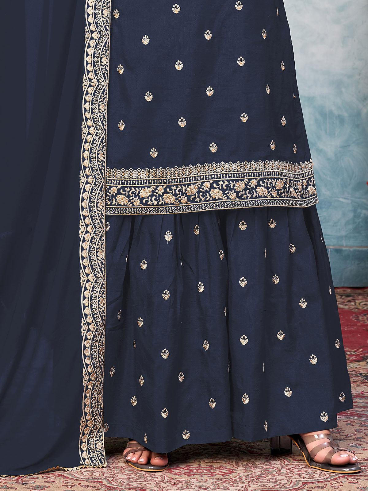 Women's Blue Art Silk Heavy Embroidery Moti Kurta Set - Odette