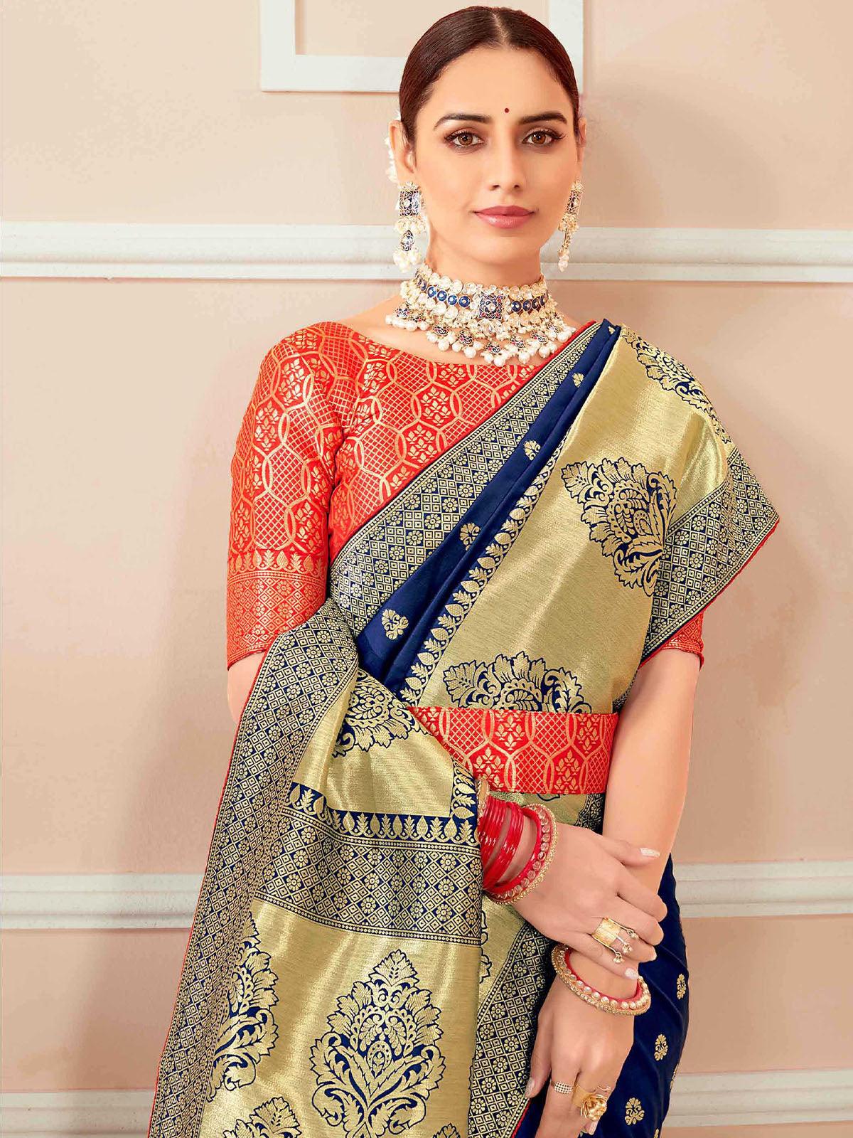 Women's Blue Banarasi Silk Wevon Heavy Jari Designer Saree - Odette
