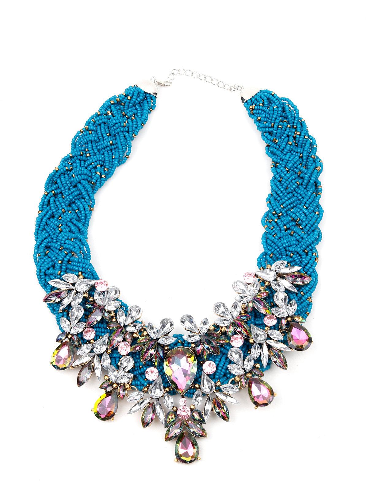 Women's Blue Bead Chunky Necklace With Crystal - Odette