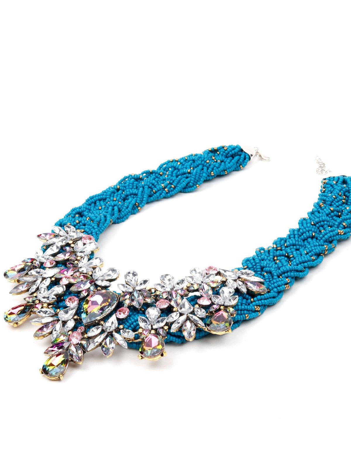 Women's Blue Bead Chunky Necklace With Crystal - Odette
