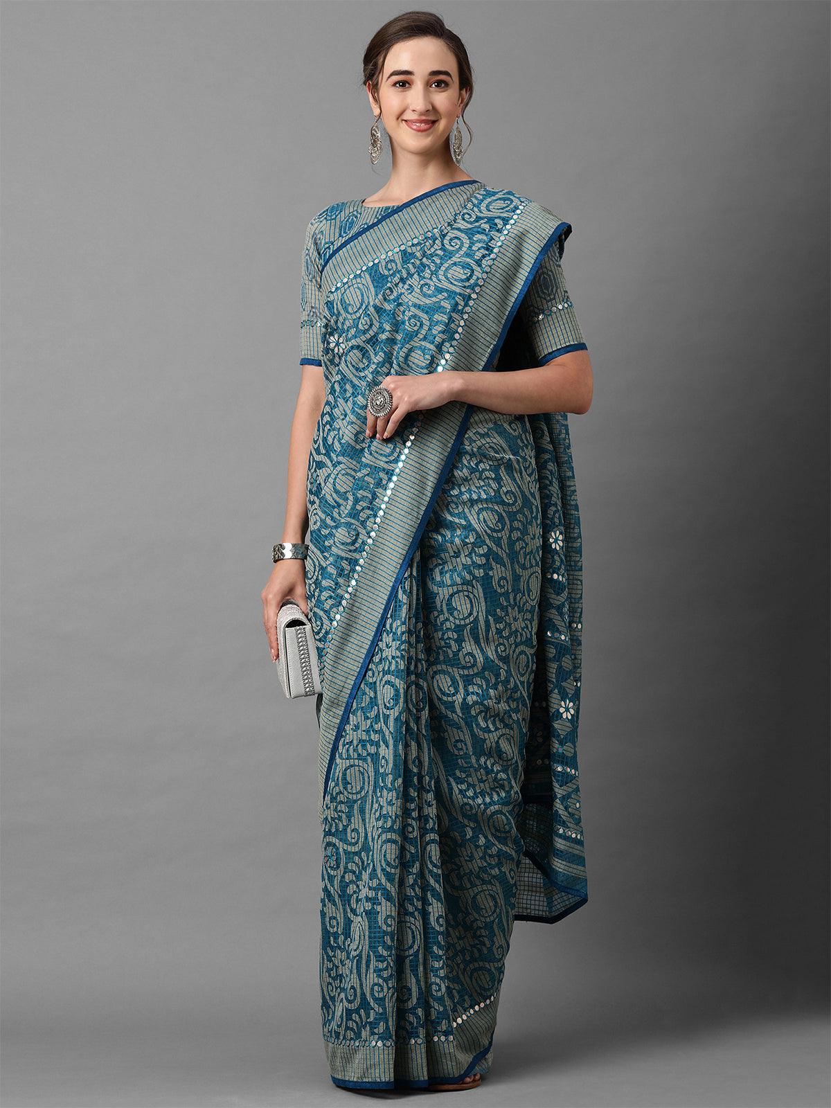 Women's Blue Casual Brasso Floral Print Saree With Unstitched Blouse - Odette