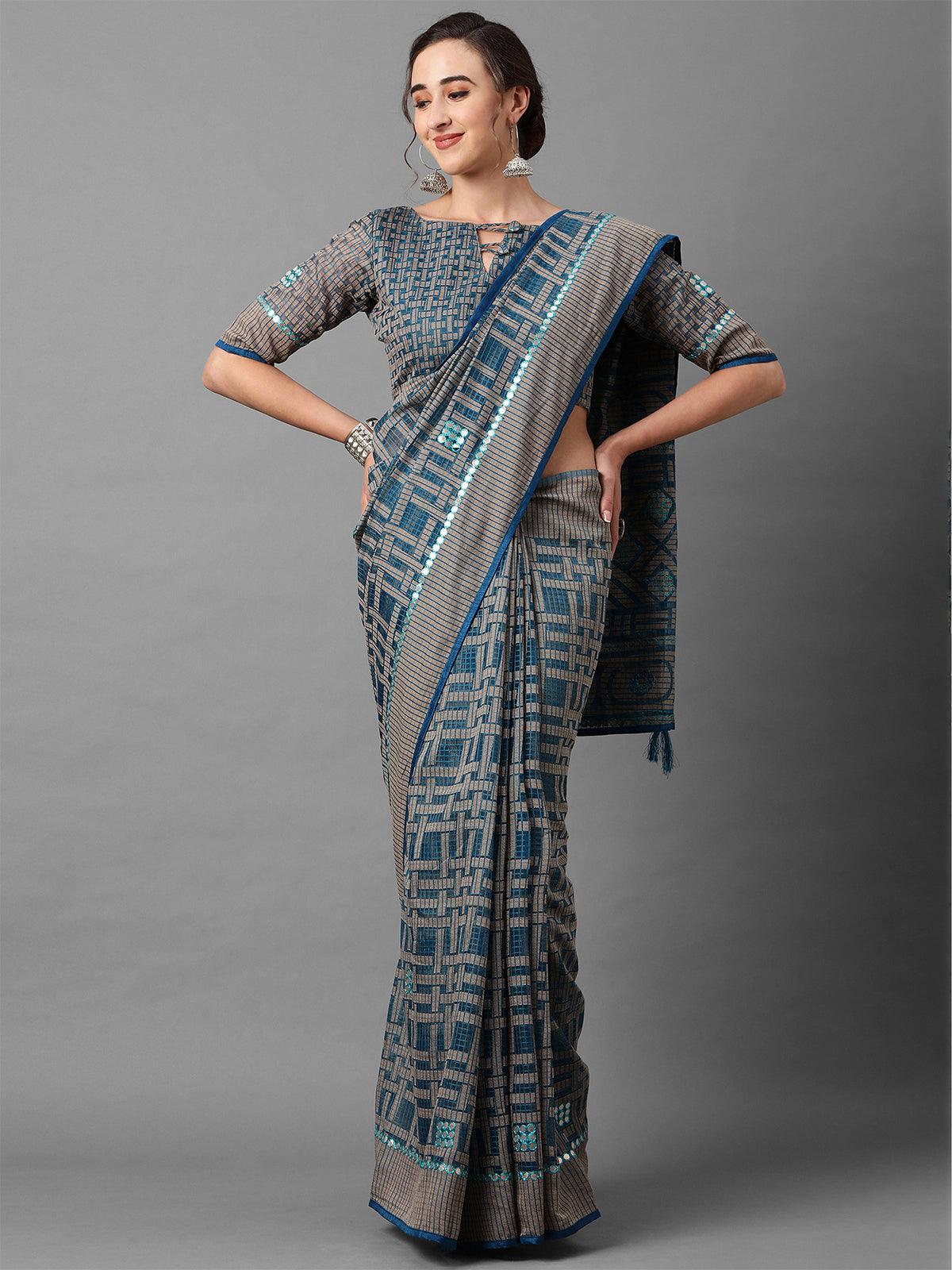 Women's Blue Casual Brasso Geomatric Print Saree With Unstitched Blouse - Odette
