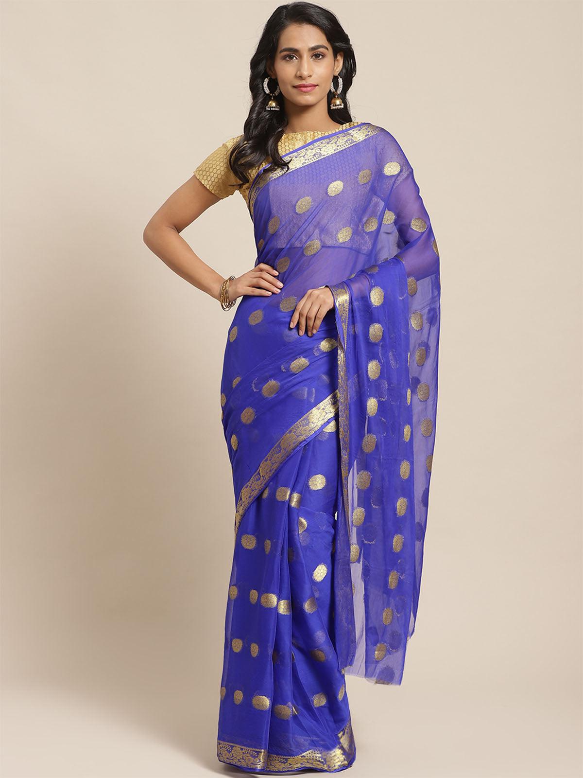 Women's Blue Casual Chiffon Solid Saree With Unstitched Blouse - Odette