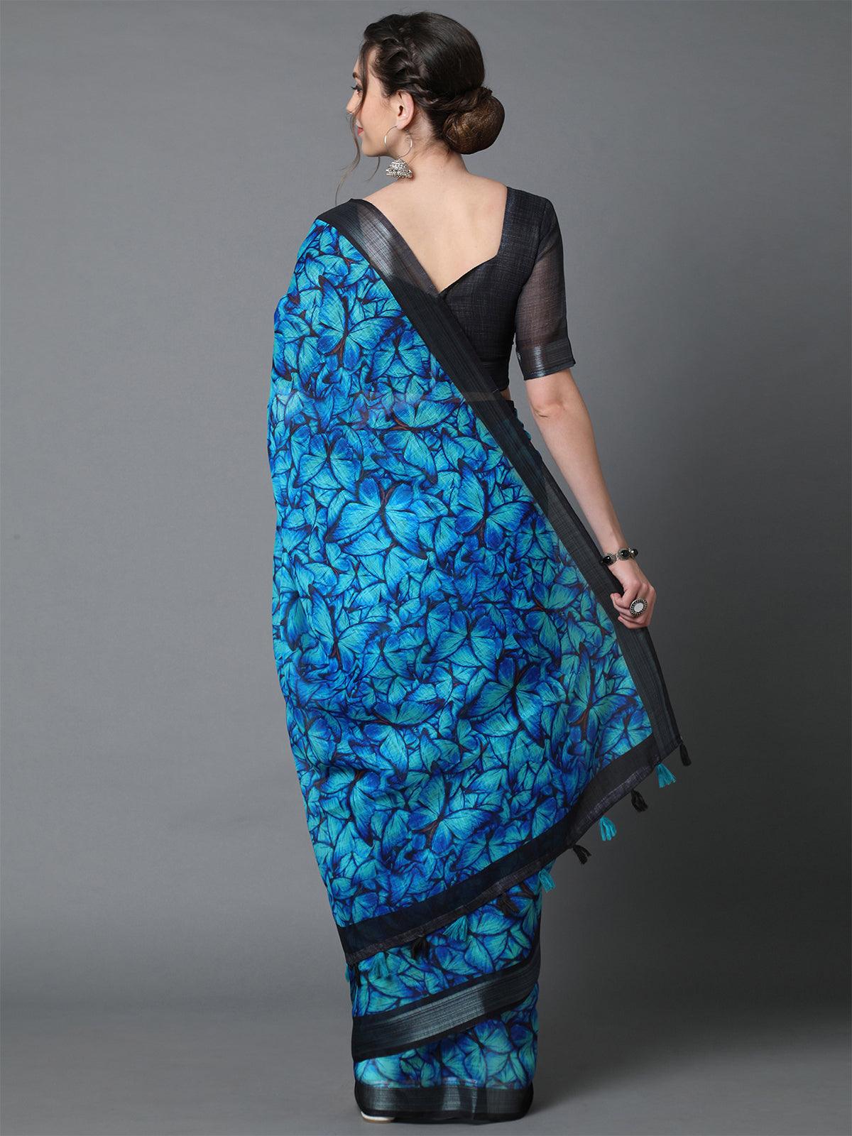 Women's Blue Casual Linen Printed Saree With Unstitched Blouse - Odette