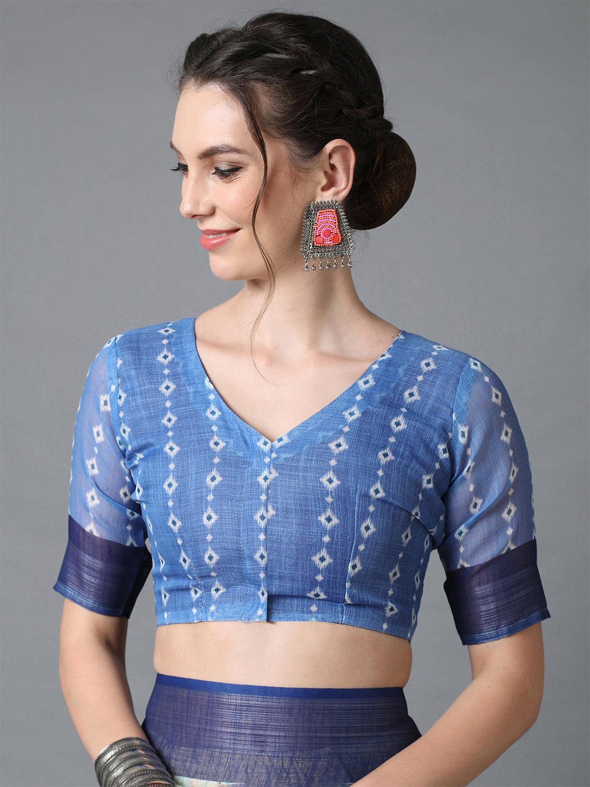 Women's Blue Casual Linen Printed Saree With Unstitched Blouse - Odette