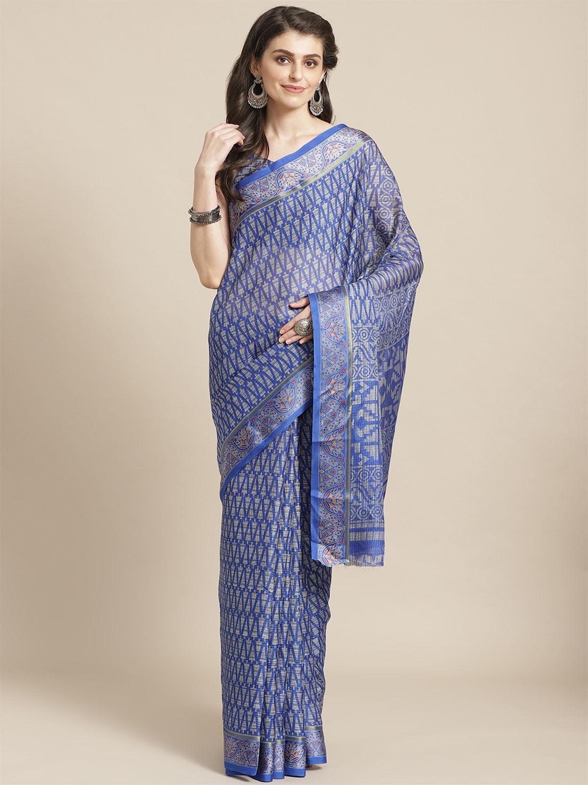 Women's Blue Casual Silk Blend Printed Saree With Unstitched Blouse - Odette
