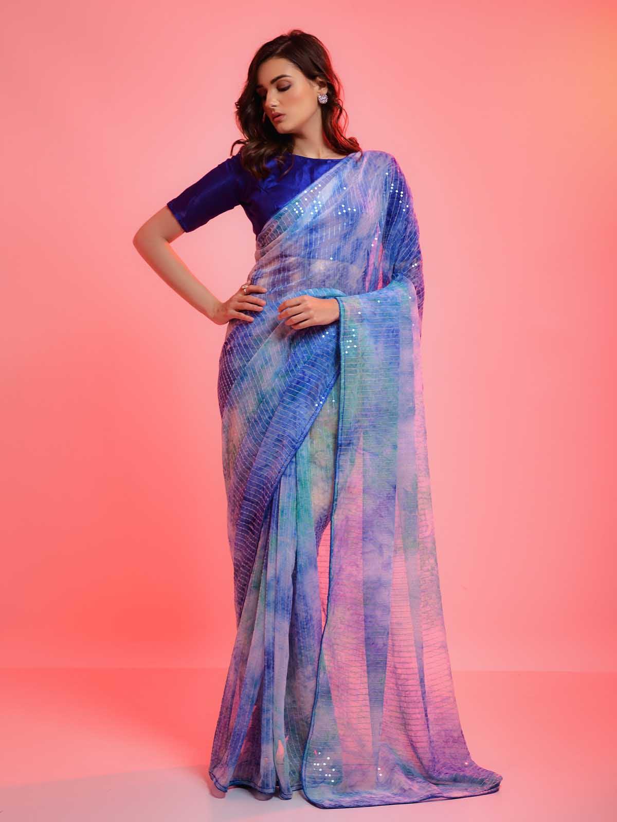 Women's Blue Chiffon With Sequence Work Sequence Saree - Odette