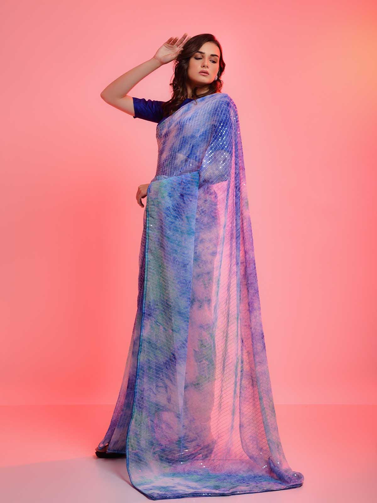 Women's Blue Chiffon With Sequence Work Sequence Saree - Odette
