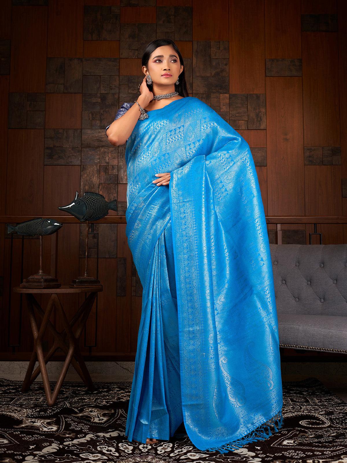 Women's Blue Color Traditional Wear Raw Silk Saree - Odette