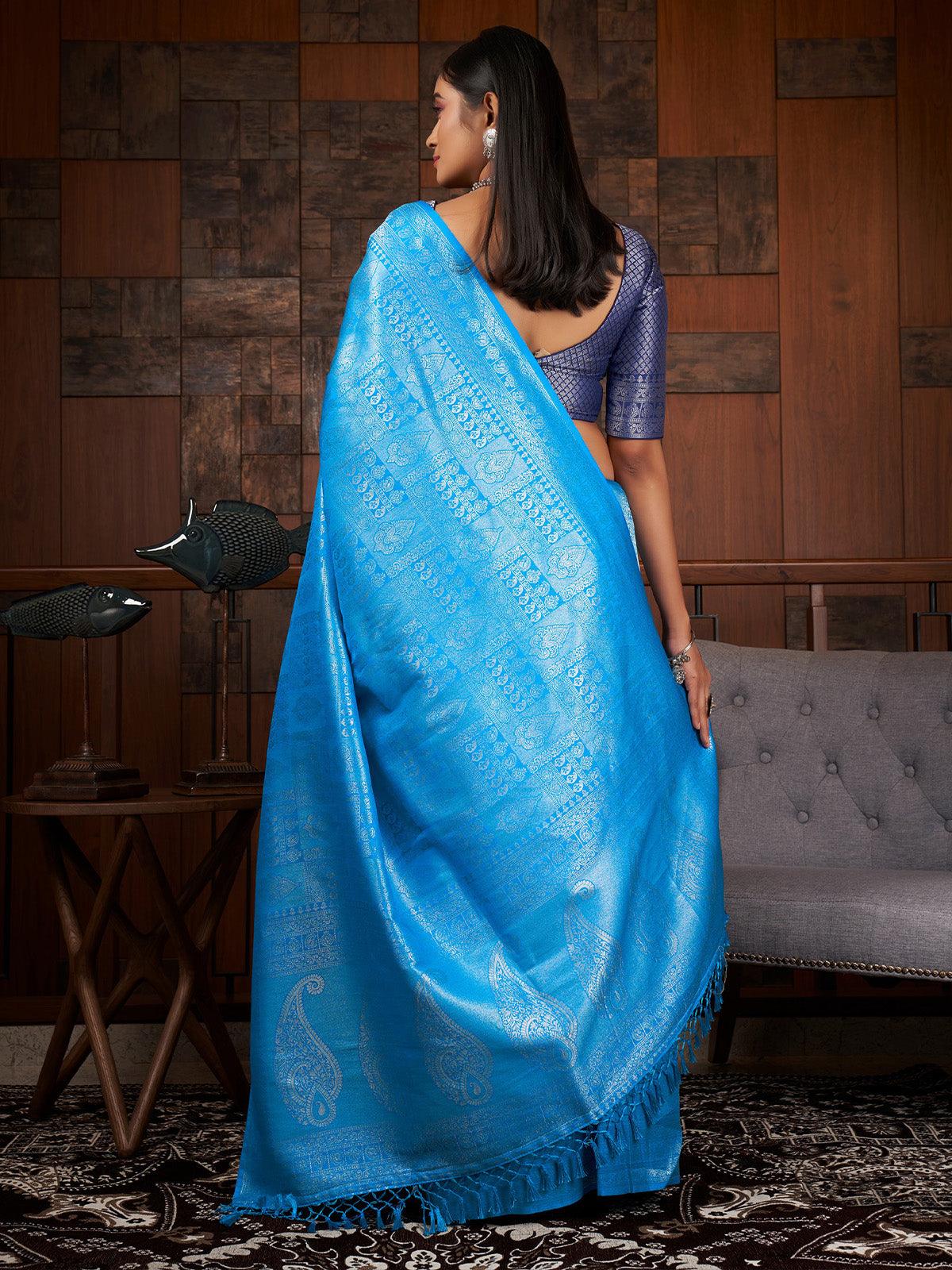 Women's Blue Color Traditional Wear Raw Silk Saree - Odette